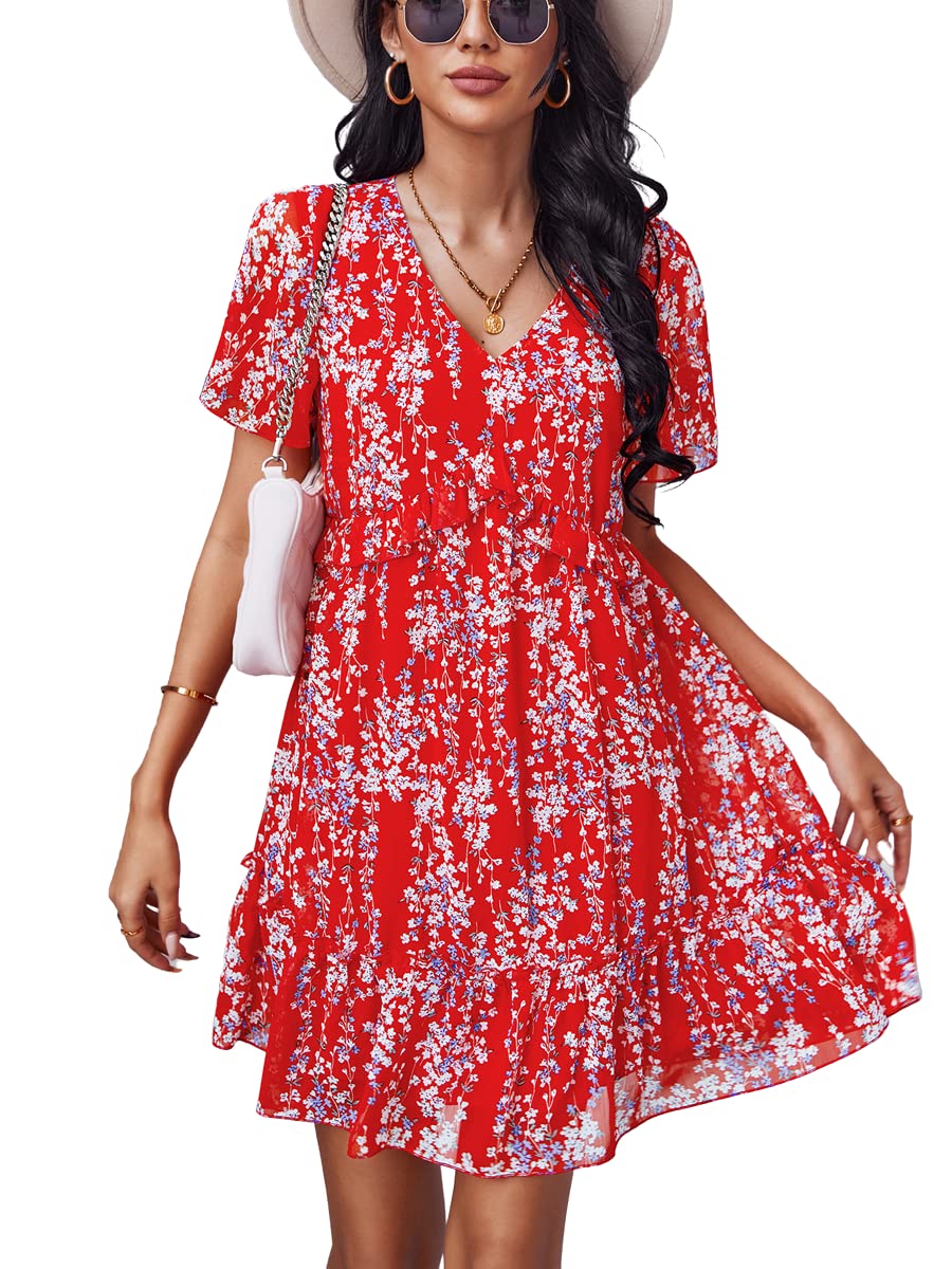 MOPOOGOSS Women Spring Summer V Neck Floral Print Casual Loose Flowy Swing Tunic Mini Dresses