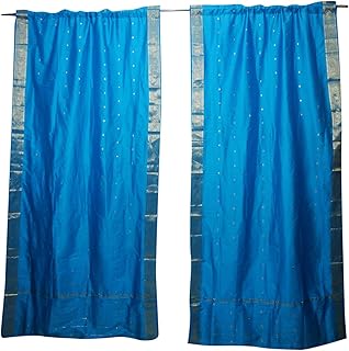 Mogul Interior 2 Indian Sari Curtains Blue Boho Decorative Drape Panel Rod Pocket 84x44