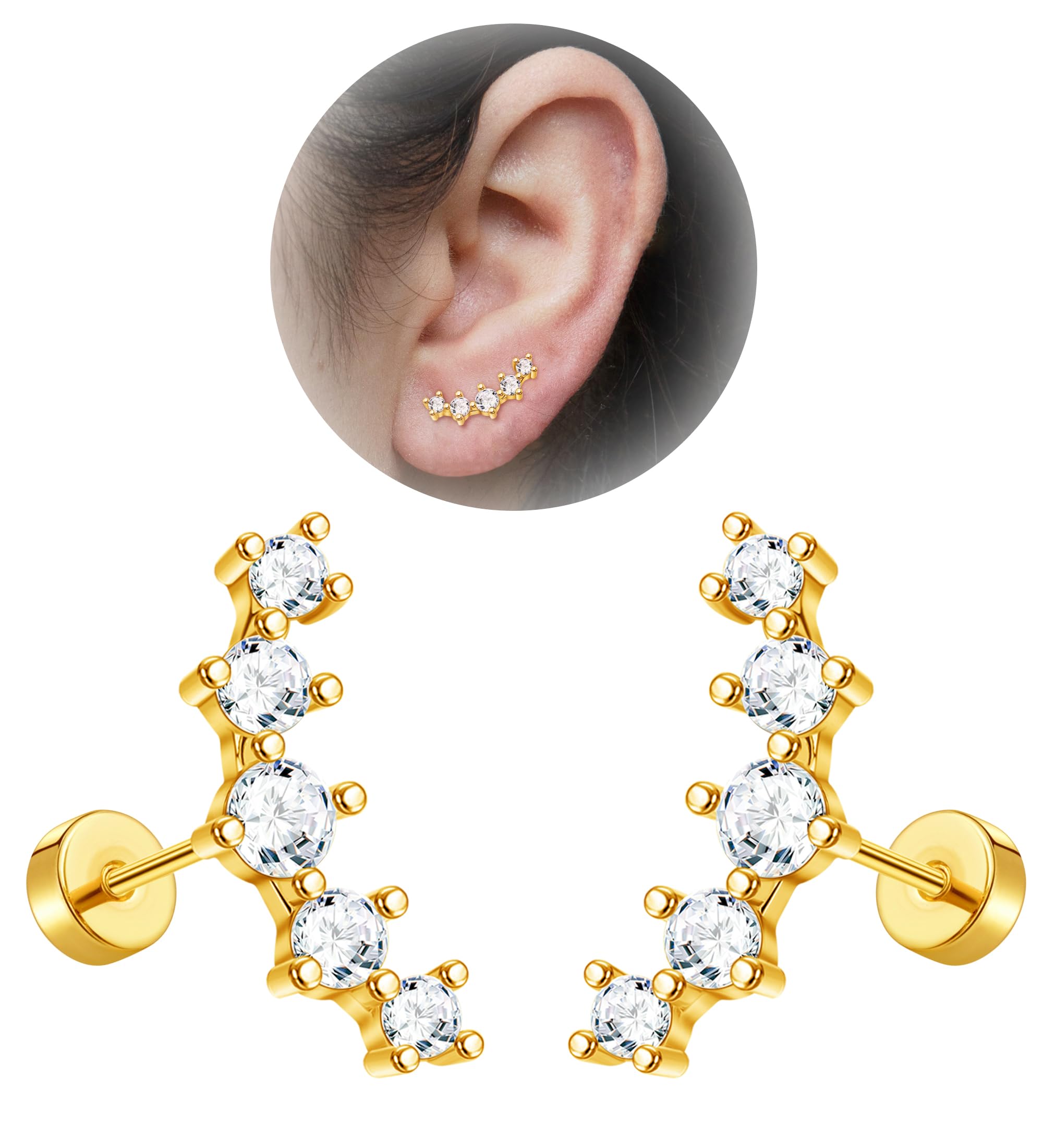 EnticeraEnticera 20G Cartilage Earrings for Women 14K Gold Stainless Steel Flat Back Cartilage Stud Earrings for Sensitive Ear Leaf Opal CZ Handmade Helix Conch Piercing Jewelry Gold CZ