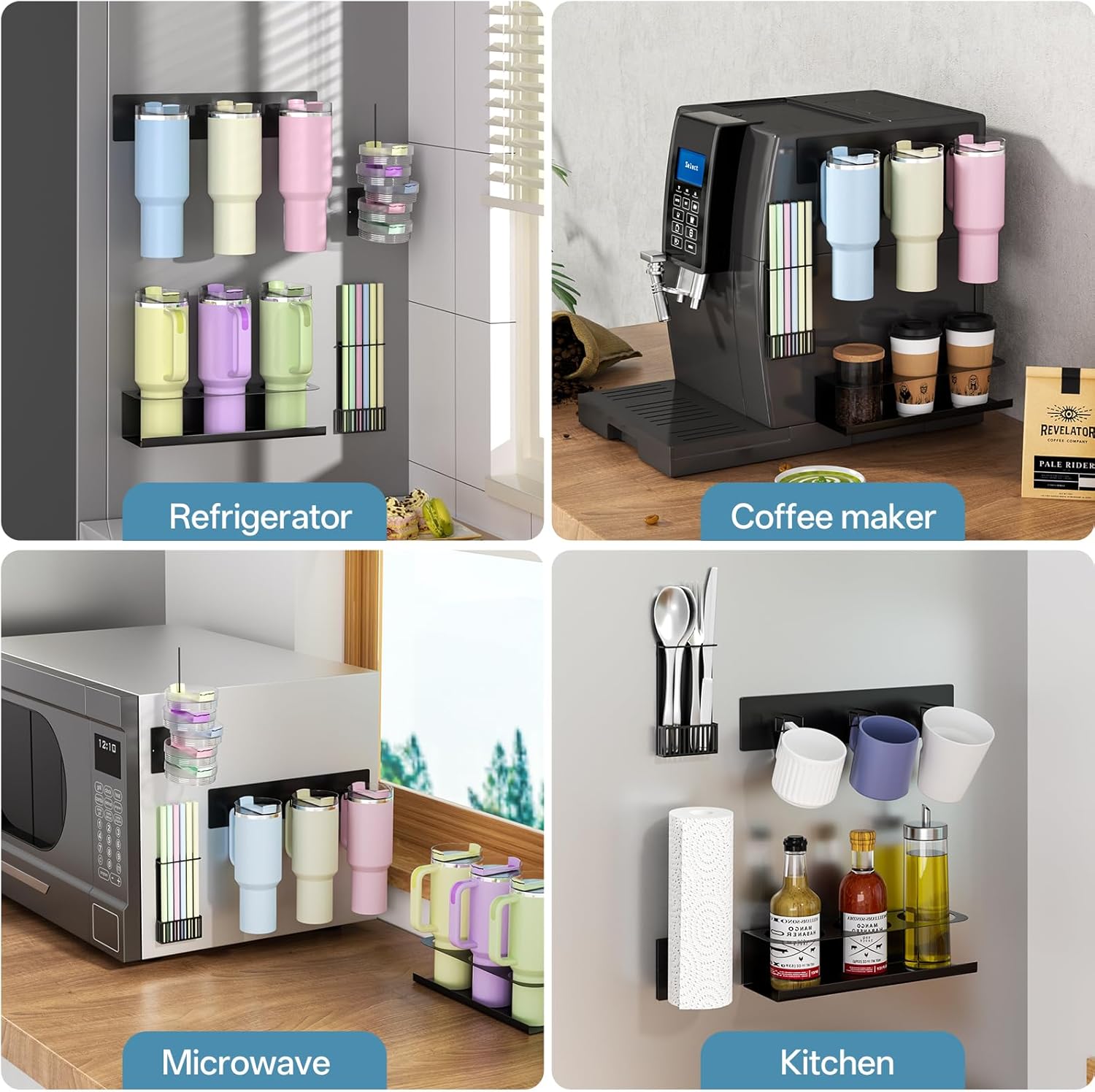 Magnetic Stanley Cup Holder for Fridge, Tumbler Organizer Fits 20 30 40oz Stanley Cups, Water Bottle Organizer with Lid & Straw Holder, Stanley Cup Accessories for Kitchen Refrigerator (Black)​ - Image 7