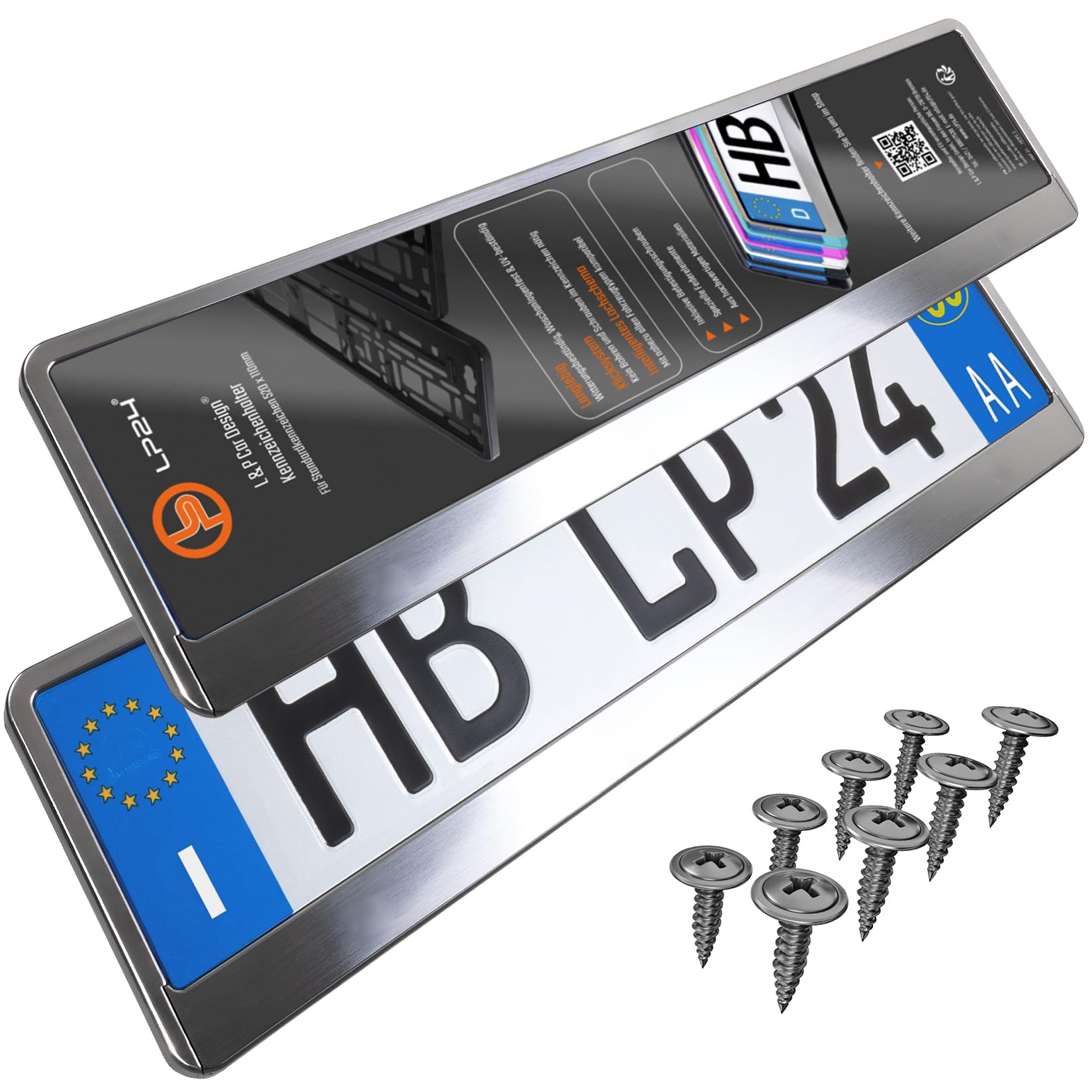 L&P Portatarga Auto - 2 pezzi - [semplice, durevole e sicuro] - 8 viti - 520x110 mm Alluminio spazzolato - Porta Targa - adatto a qualsiasi auto - per targhe italiane omologate - Fissaggio Targa