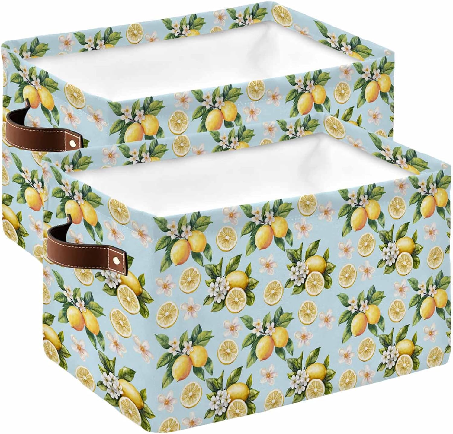 収納かご 田園 果物 レモン ホワイト 折り畳み かご 38×28×24cm×1PCS 布製 収納かご 田園 レモン 葉 花 青バック 折り畳み かご 38×28×24cm×2PCS 布製 大容量 おもちゃ 洗濯物 洋服毛布