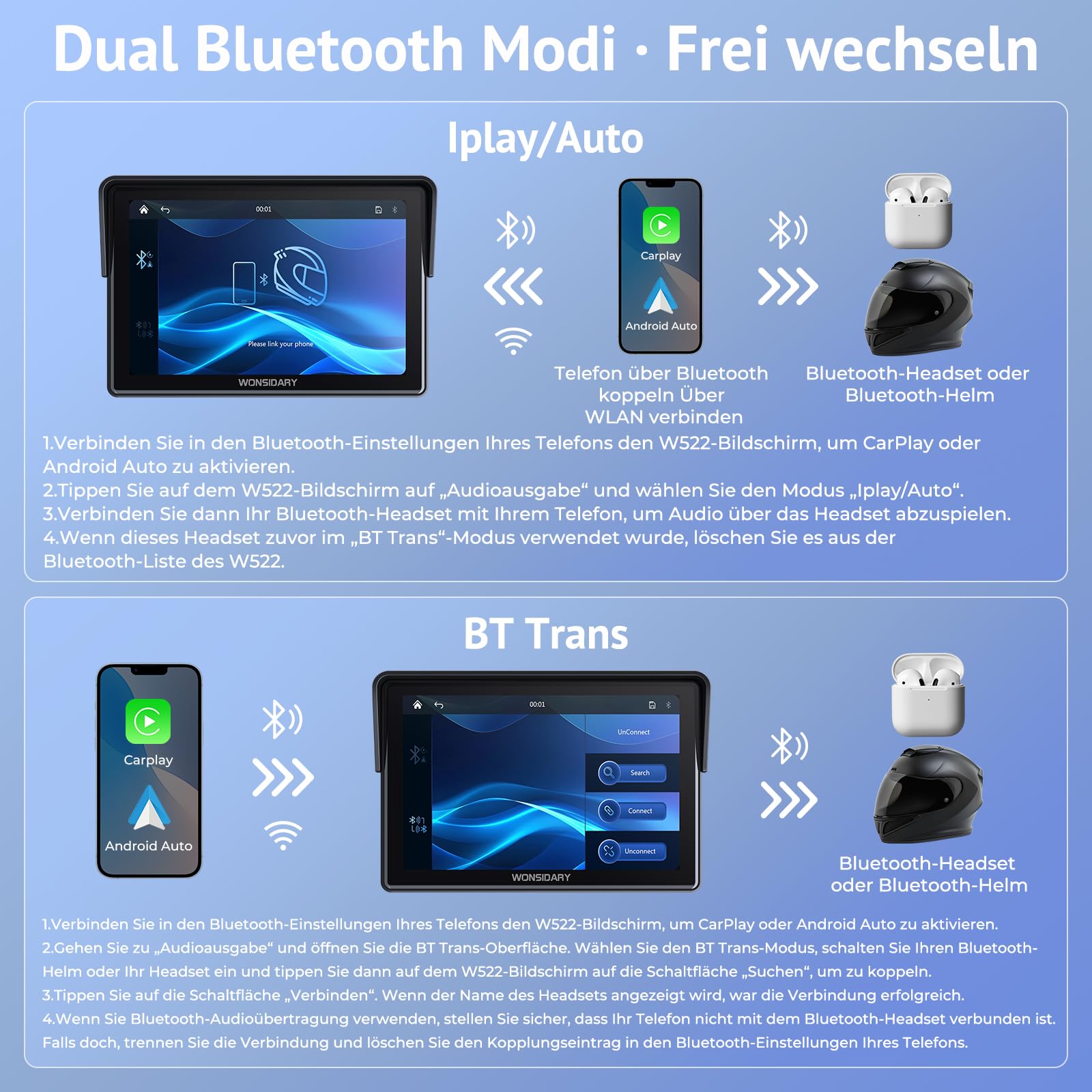 Kabelloses Motorrad CarPlay kompatibel mit Apple CarPlay & Android Auto,W522 5 Zoll IP67 Wasserdicht Touchscreen mit Dual Bluetooth,GPS Navigation,Sprachsteuerung,Equalizer,USB/Acc Stromversorgung