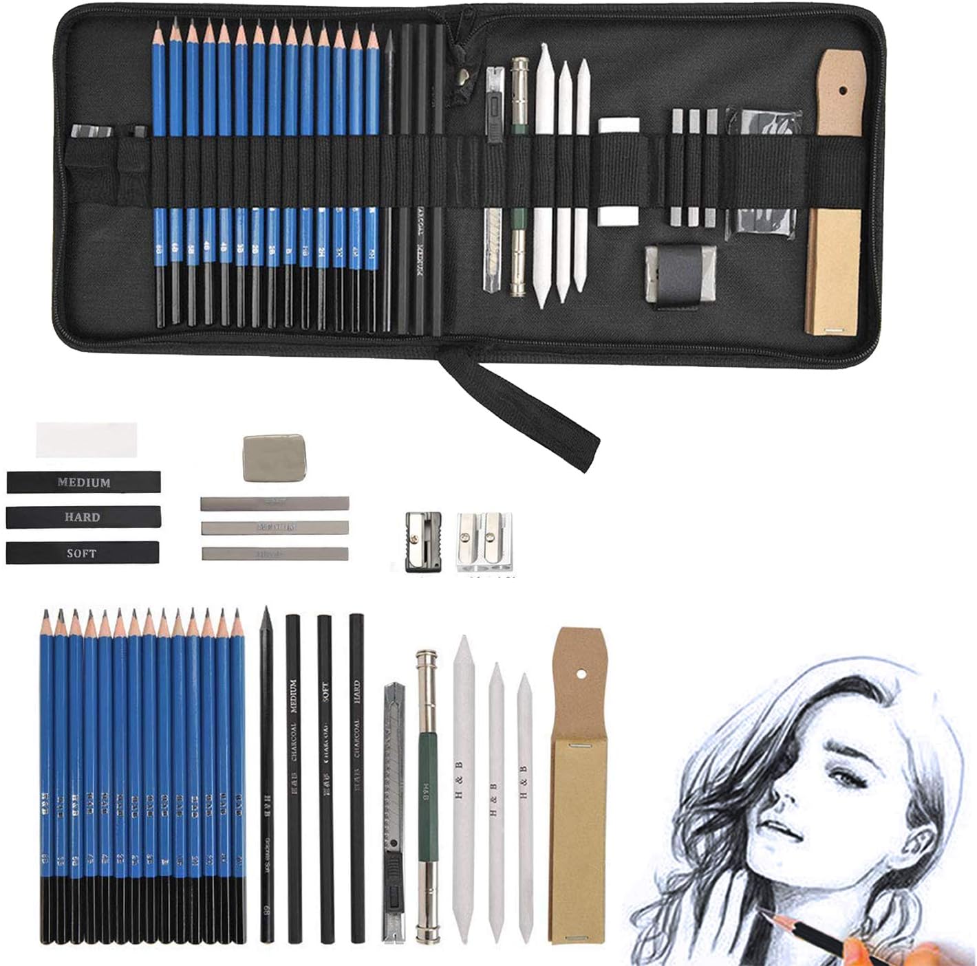 Magicdo® 35Pcs Sketch Pencil Set Include Draw Pencils, Erasers, Charcoal Pencils, Graphite pencils, Pencil Sharpener and Pencil Extender, Art Supplies Sketching Tools for Drawing,Sketching