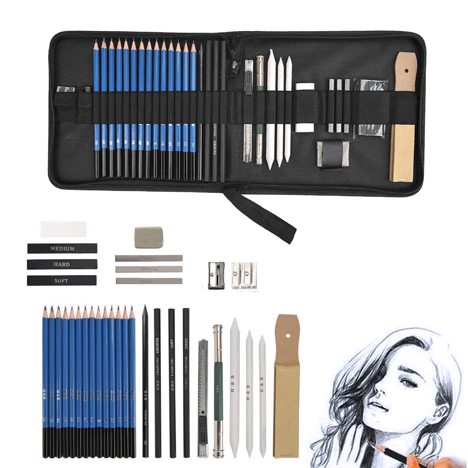 Magicdo® 35Pcs Sketch Pencil Set Include Draw Pencils, Erasers, Charcoal Pencils, Graphite pencils, Pencil Sharpener and Pencil Extender, Art Supplies Sketching Tools for Drawing,Sketching