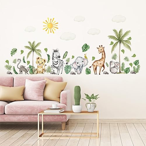 Miniatura 72 de Calcomanías de pared de animales de acuarela de 56.29 x 44.88 pulgadas, calcomanías de animales de selva, tigre, elefante, cebra, jirafa, mono
