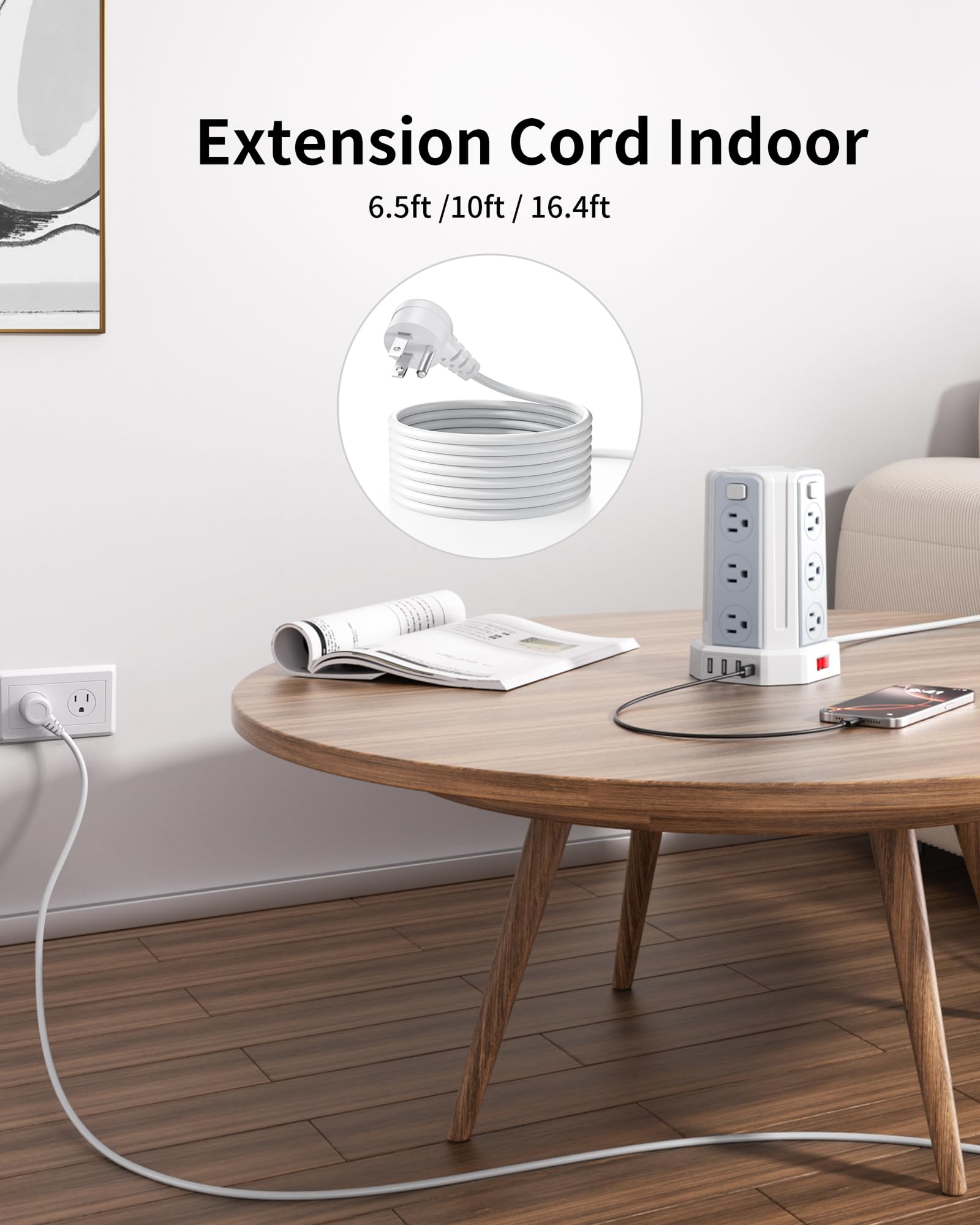 Regleta de protección contra sobrecargas, 12 salidas de CA, 3 puertos USB&1USBC, regleta con USB, cable de extensión de 9.8 pies, regleta de alimentación, protección contra sobrecargas de torre,
