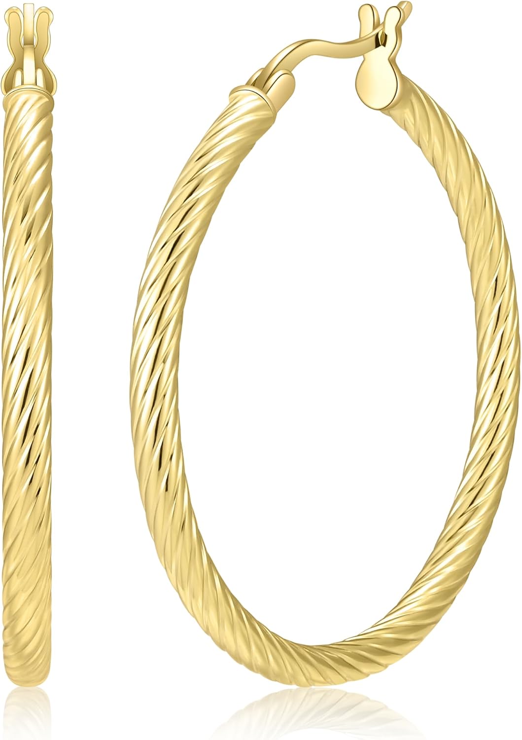 14 Karat Gold Earrings, 14K Gold Hoop Earrings for Women, 35mm Twisted Vermeil Hoops, Lightweight Hollow Earrings, Hypoallergenic Jewelry Gift, 14K Gold Plated 925 Sterling Silver