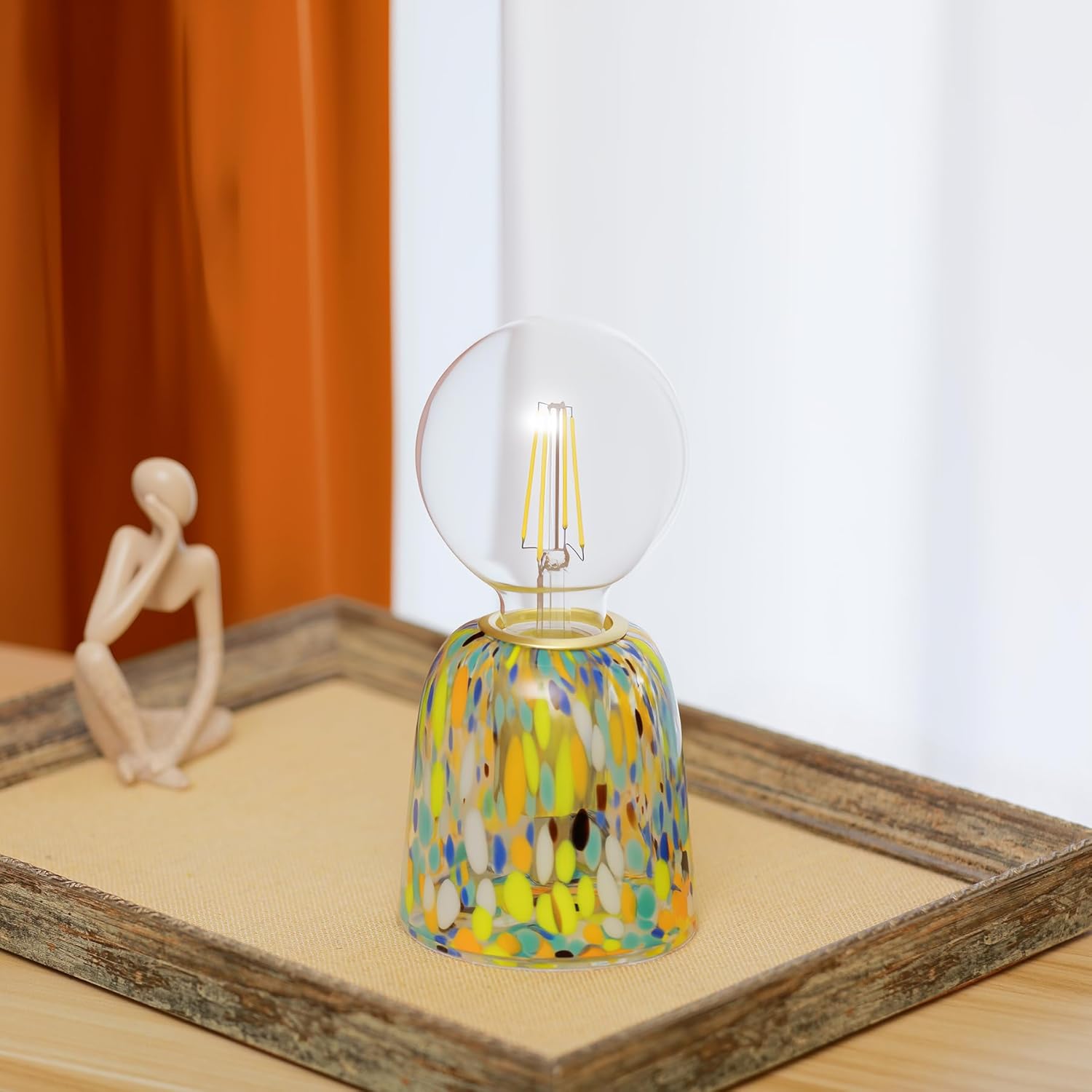 Mini Modern Glass Bedside Table Lamp, 4 x 4 x 9 Inch Nightstand Lamps, with Spherical Bulb Round Side Table Lamps for Bedroom Living Room Entryway Night Light (Yellow Green Glass Base)
