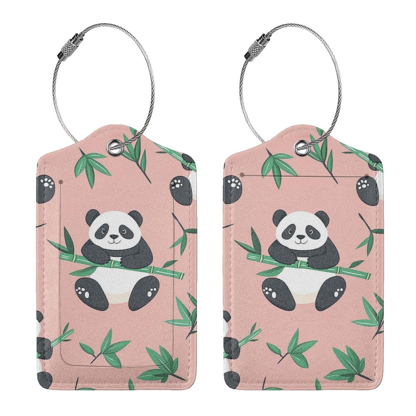4 etiquetas de equipaje de piel sintética para maleta, etiqueta de equipaje de bambú rosa panda con lazo de acero inoxidable, etiqueta de identificación de cubierta de privacidad para mujeres y