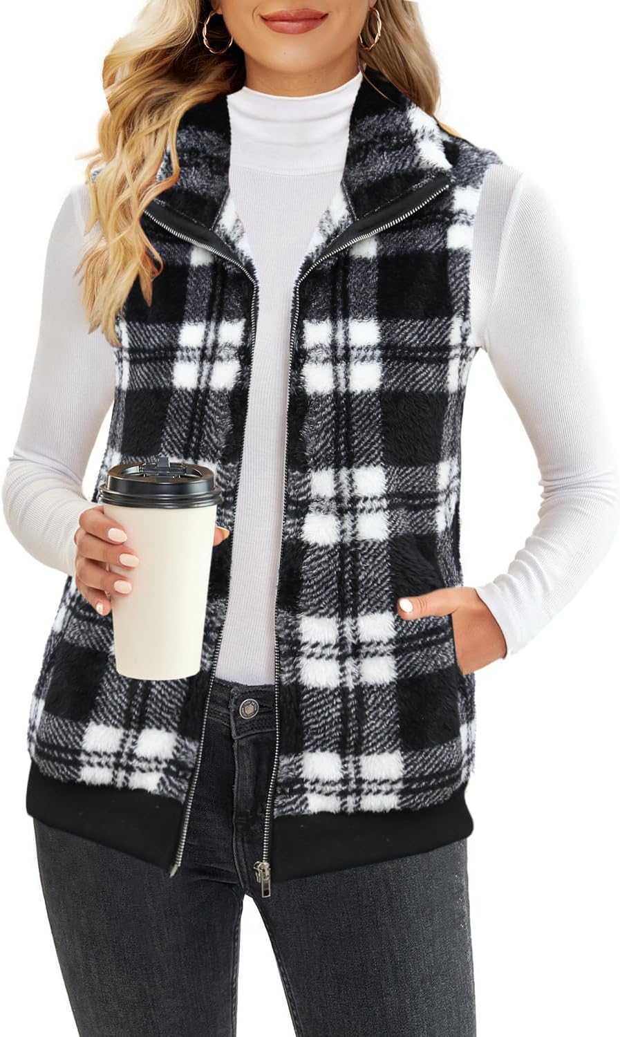 ReachMe Womens Fleece Sherpa Vest Winter Sleeveless Fuzzy Fluffy Checkered Plaid Vest Zip Up Jacket with Pockets
