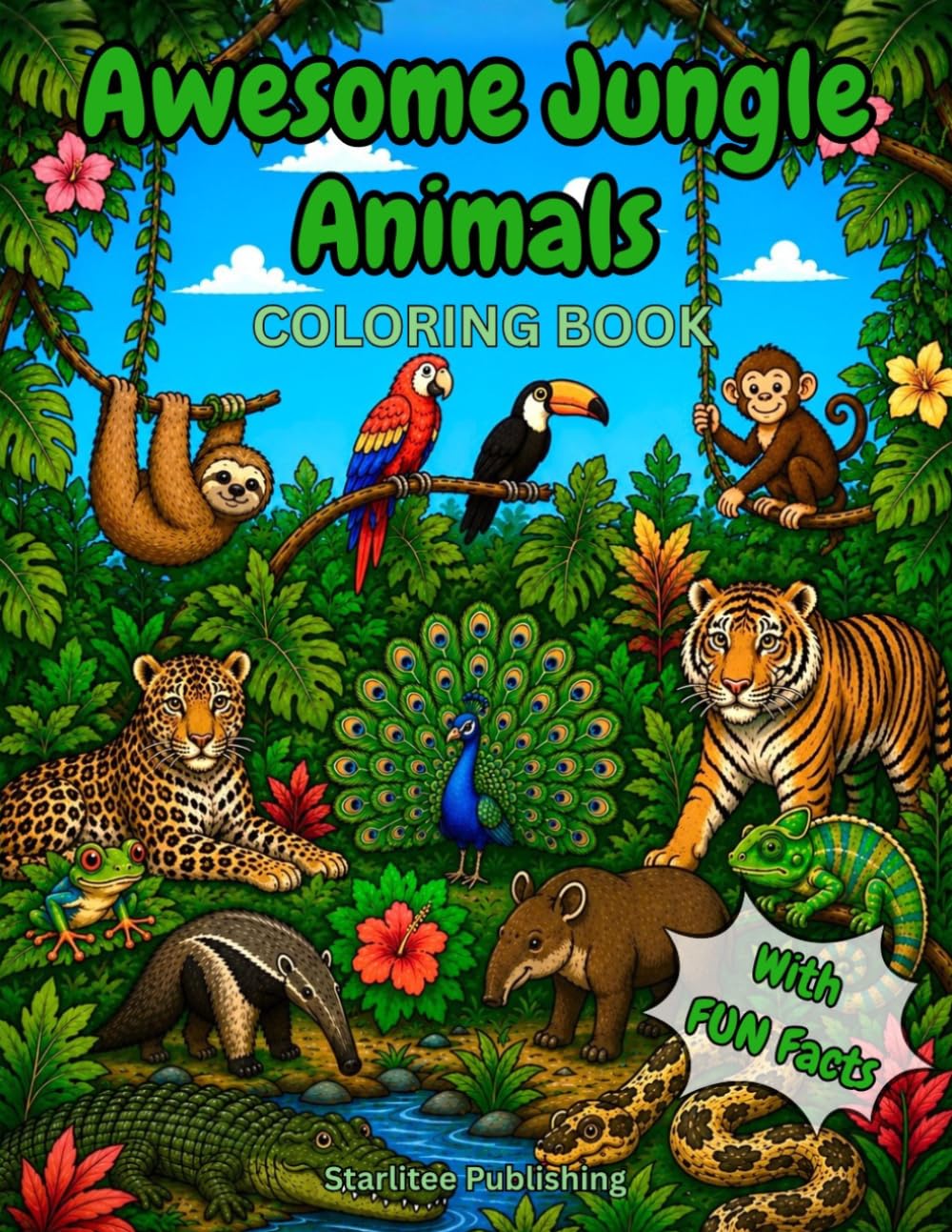 Awesome Jungle Animals Coloring Book with Fun Facts: A Wild Rainforest Adventure with Jungle Animal Names and Fascinating Things to Learn for Curious Kids