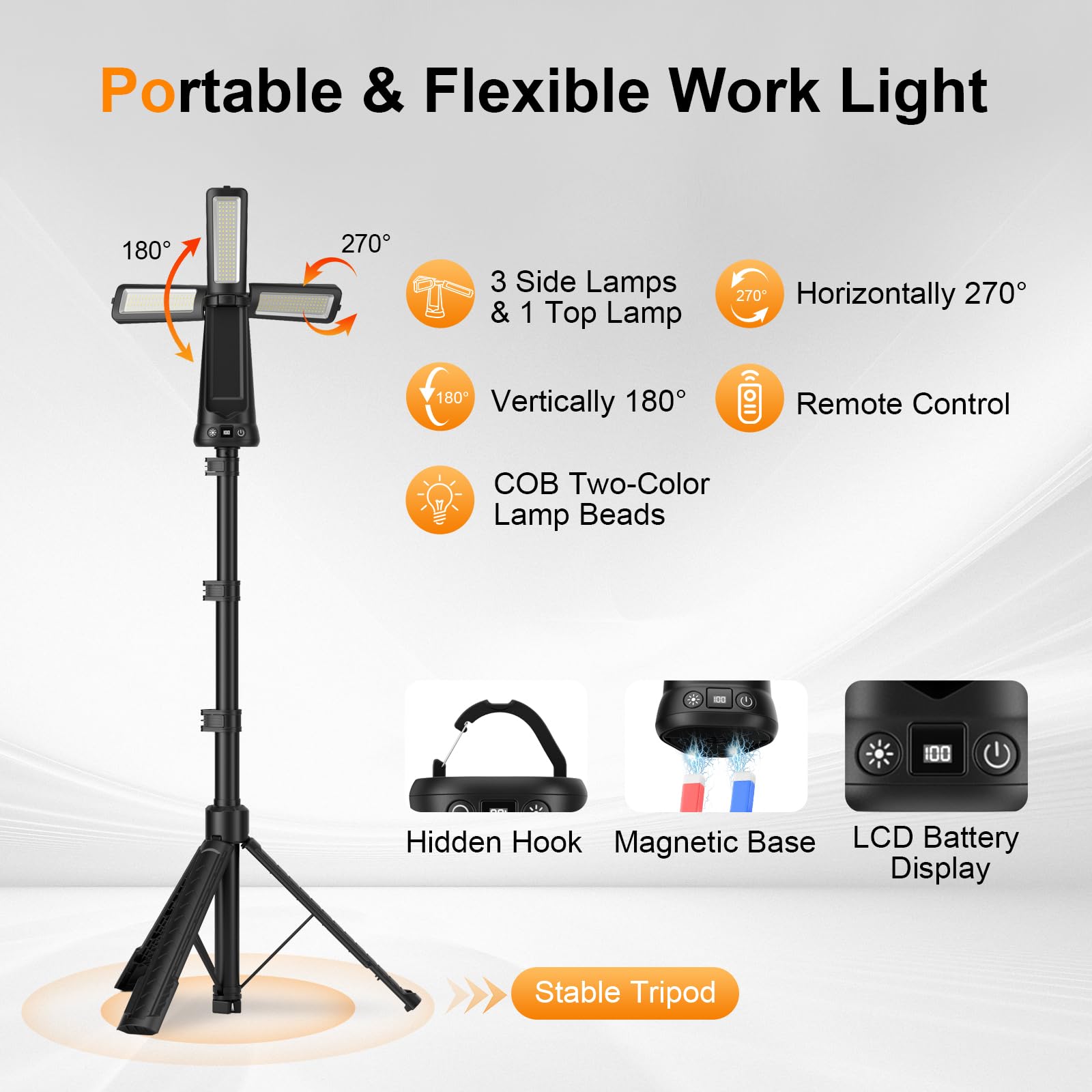 Faro LED Ricaricabile con Telecomando e Treppiede Telescopico（79,5 in), 9000LM Ultra Luminoso Faretto a Batteria,3+1 Teste Luminose, 9000 mAh, Faro da Cantiere per Officine Sport Campeggio Emergenze