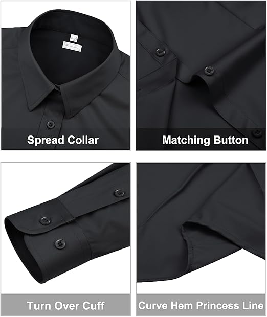 siliteelon Womens Classic-Fit Dress Shirts Long Sleeve Button Down Wrinkle-Free Stretch Solid Casual Work Office Blouse Top Black Small thumbnail 2