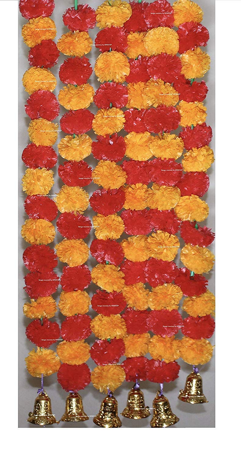 SPHINX Artificial Marigold Fluffy Flowers and Golden/Silver Hanging Bells Short Garlands/Torans/Wall hangings for Decoration Approx 2.5 ft- 15 Flowers per String- (Light Orange & Red, 6)