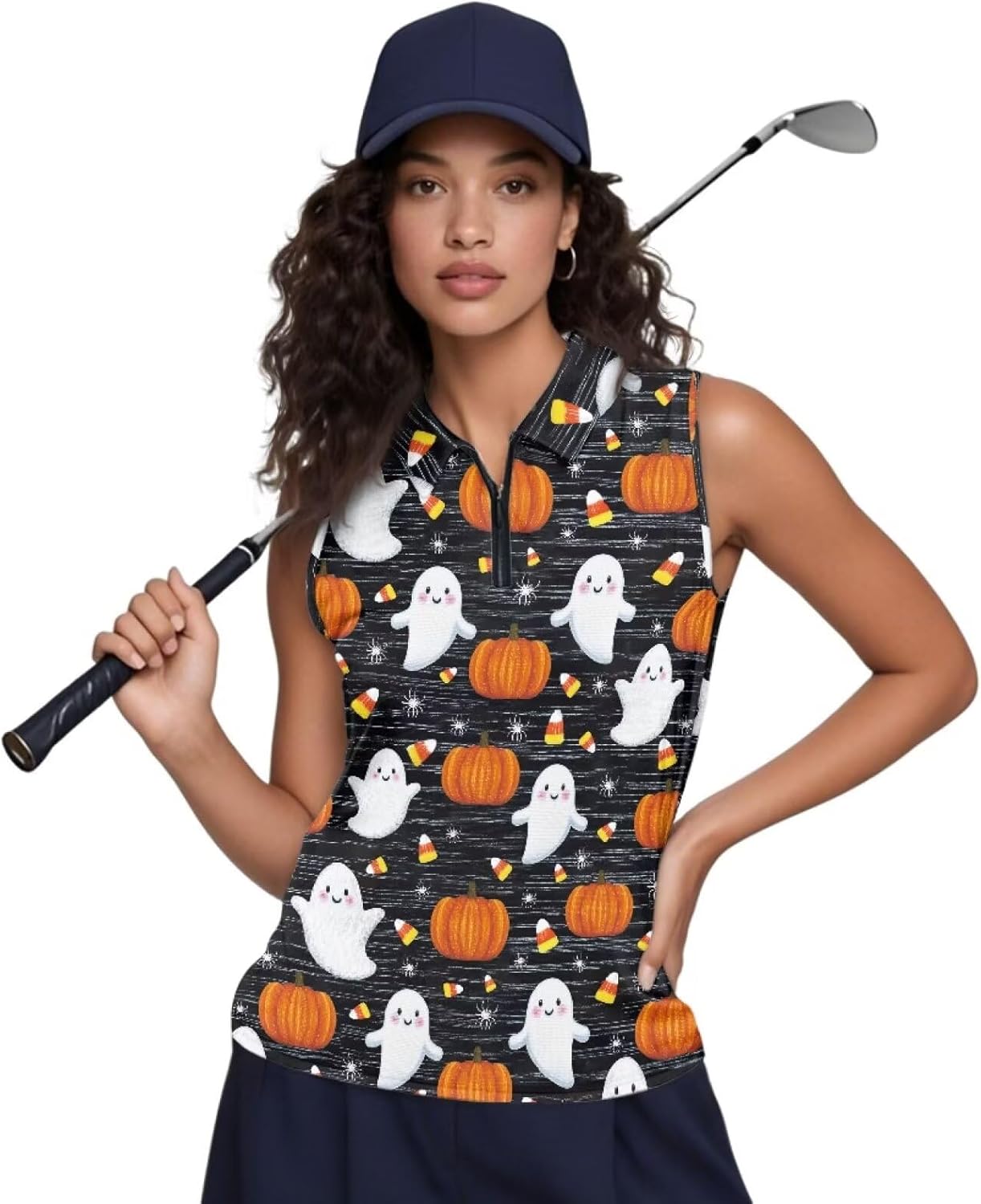 70s Hippie Daisy Women's Golf Shirts Lightweight 1/4 Zip Collared Tank Top Sleeveless Polo Shirts for Tennis