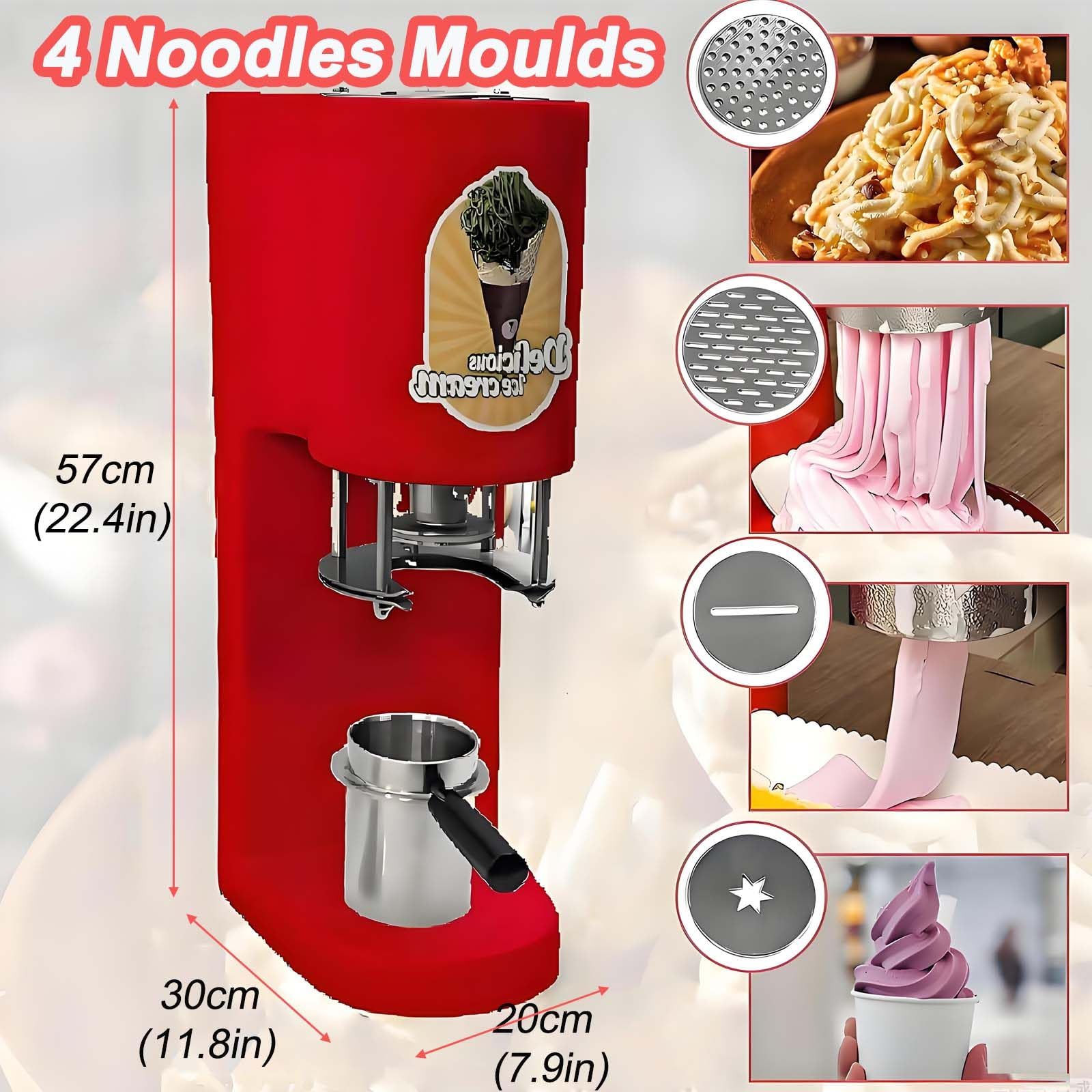 Professionelle Spaghetti-Eismaschine, 0,42-Liter-Edelstahlbehälter, 28–30 l/h hohe Kapazität für Softeis in 4 Formen, lustige Nudeleis- und Sorbetmaschine für Kinder und Familienfeiern red