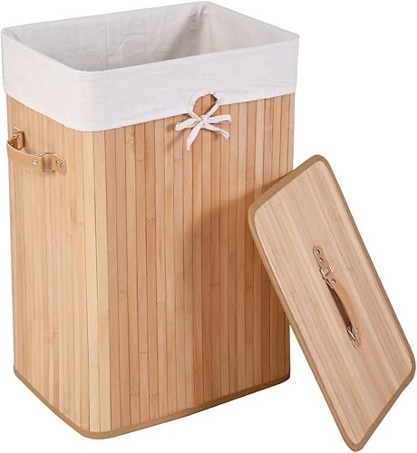 Vista 4 de GOFLAME Cesta portátil de bambú para ropa sucia, cesta de almacenamiento de ropa sucia con tapa y forro extraíble, gran contenedor de ropa con asas