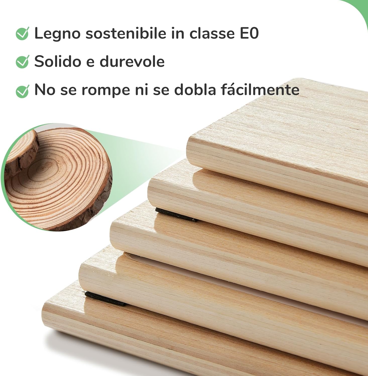 Close-up of the sustainable E0 class poplar wood slats of the Novilla bed frame.