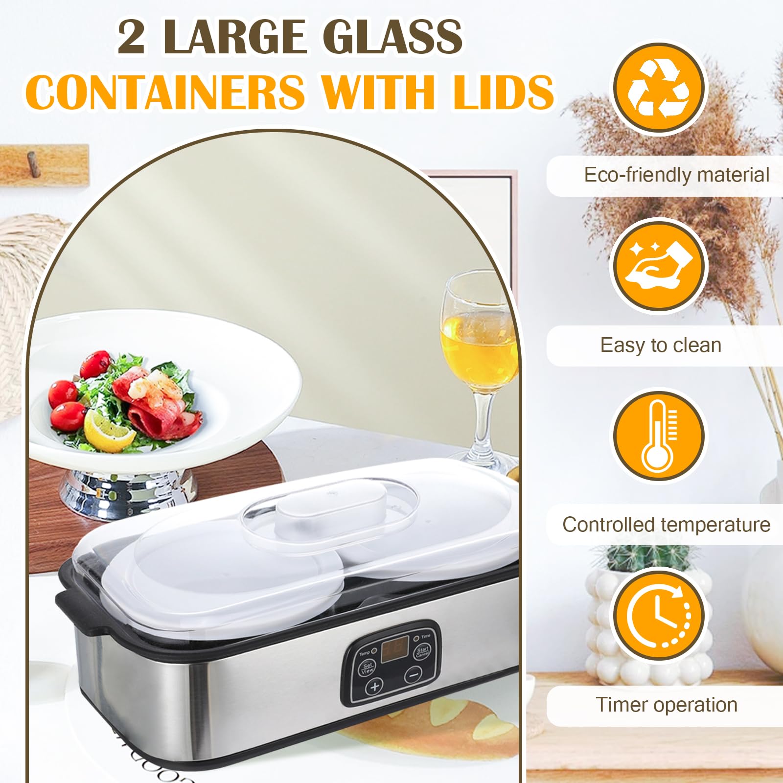 Máquina de yogur probiótico de 2 litros, máquina de yogur con 2 tarros de vidrio, control de tiempo y temperatura ajustable, fabricante de yo-gurt para yogur probiótico casero para postre casero