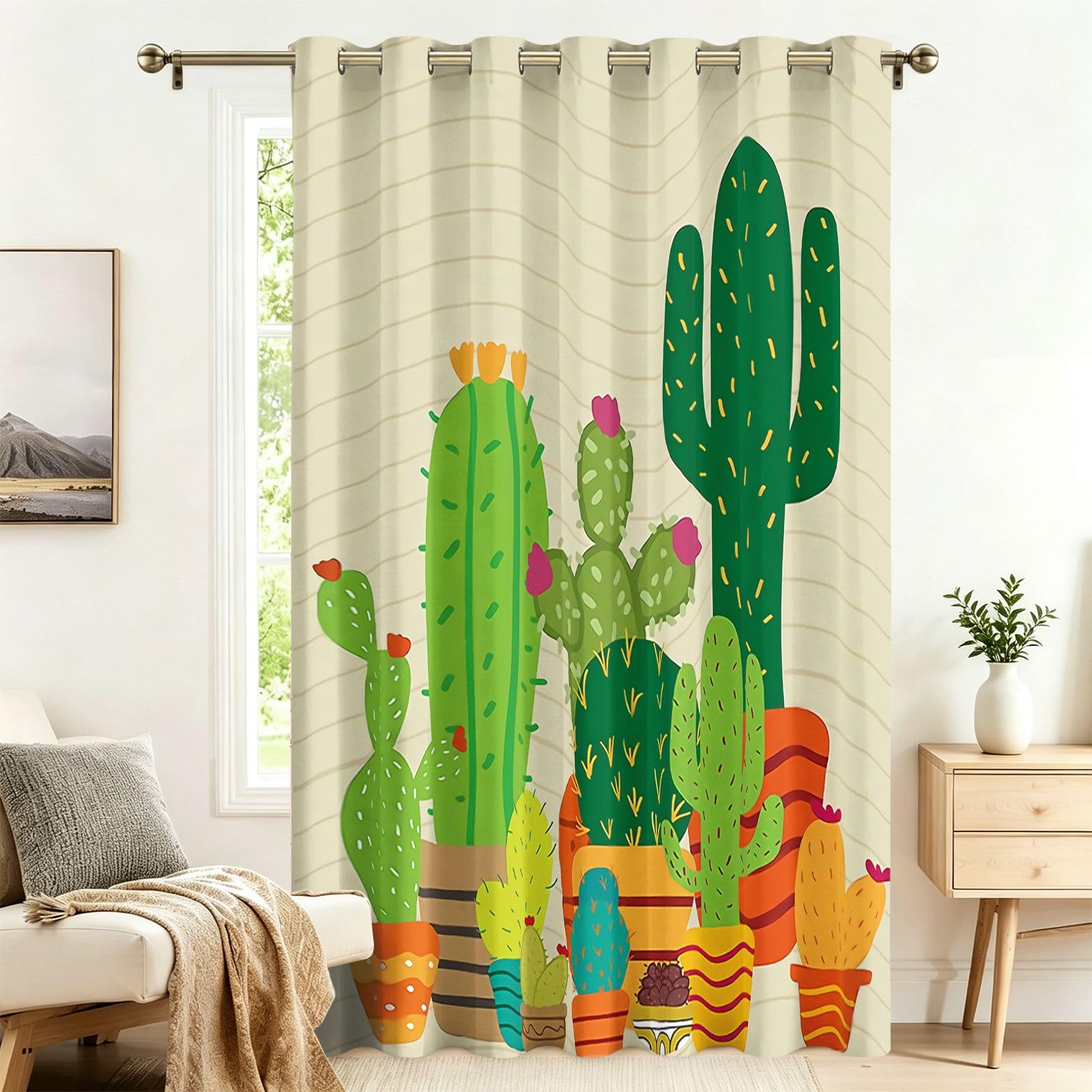 Fadaing Green Cactus Curtains with Eyelets, 1 Piece, Room Divider Curtains, Blackout 175 x 140 cm, Blackout Thermal Curtains, Heat Insulating, Winter, Summer, Thermal Protection, Indoor Sun Protection