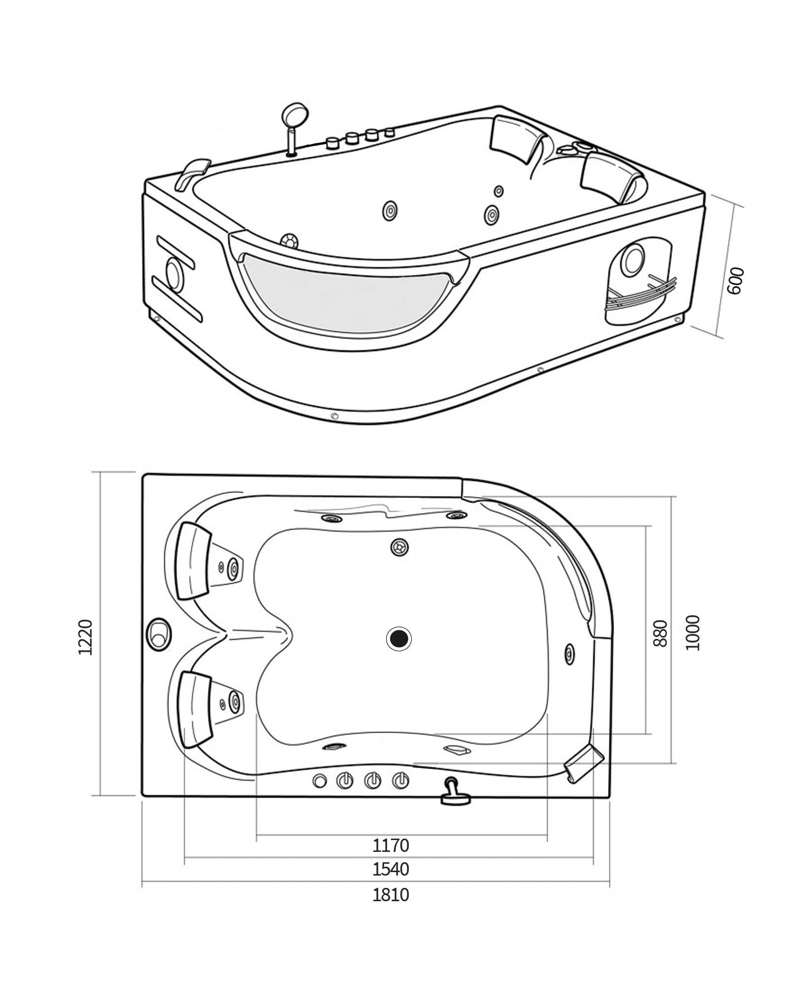 BAIGNOIRE BALNEO Model Orion 180 x 120 cm BAIN ANGLE TOURBILLON MASSANTE SPA 2 PERSONNES CHROMOTHERAPIE