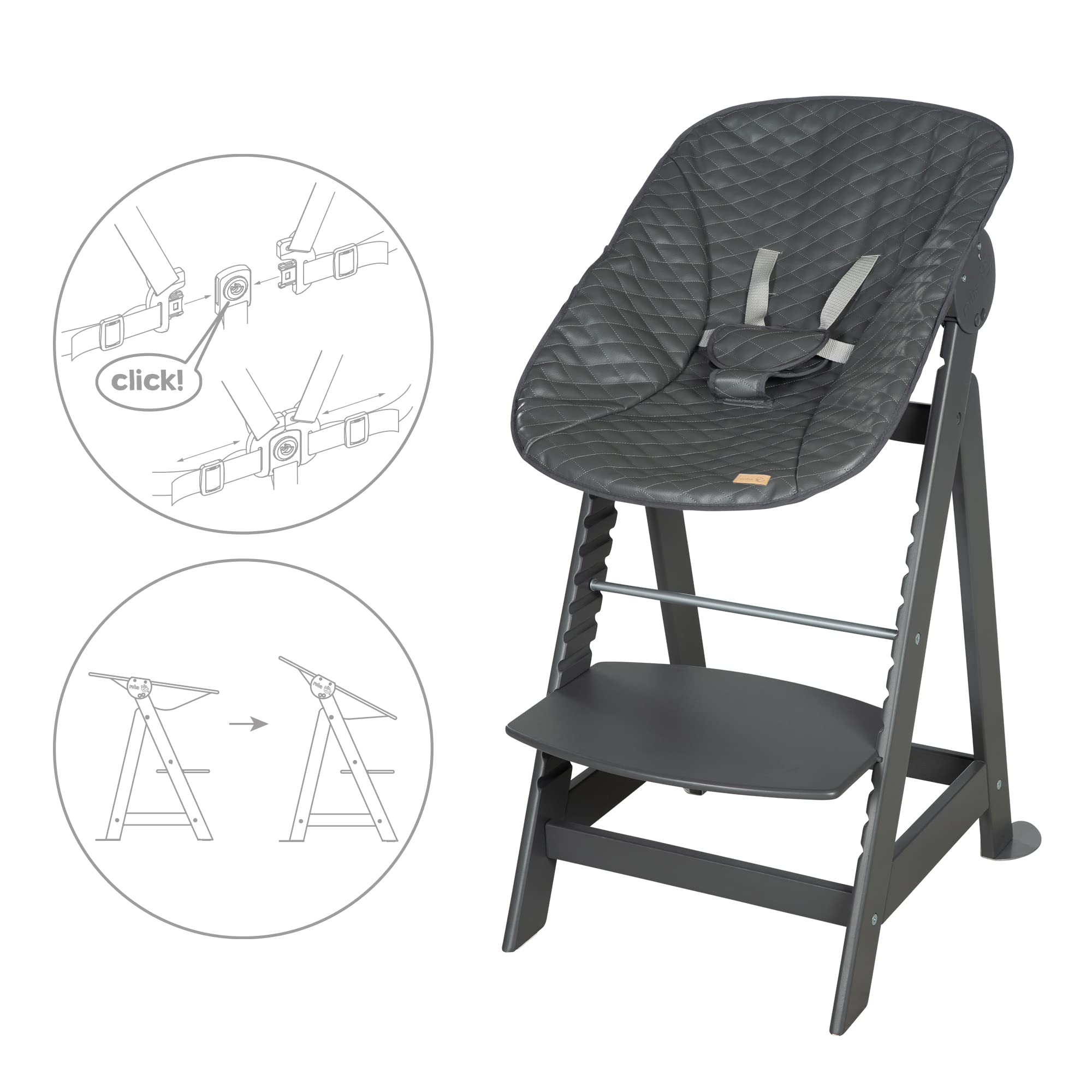 roba Seggiolone "Born Up" Set 2 in 1 - Design "Graphite quilted" - Funzione Pieghevole - Imbracatura - 2 Posizioni - da 0 a 6 Mesi - Legno Laccato Grigio Antracite