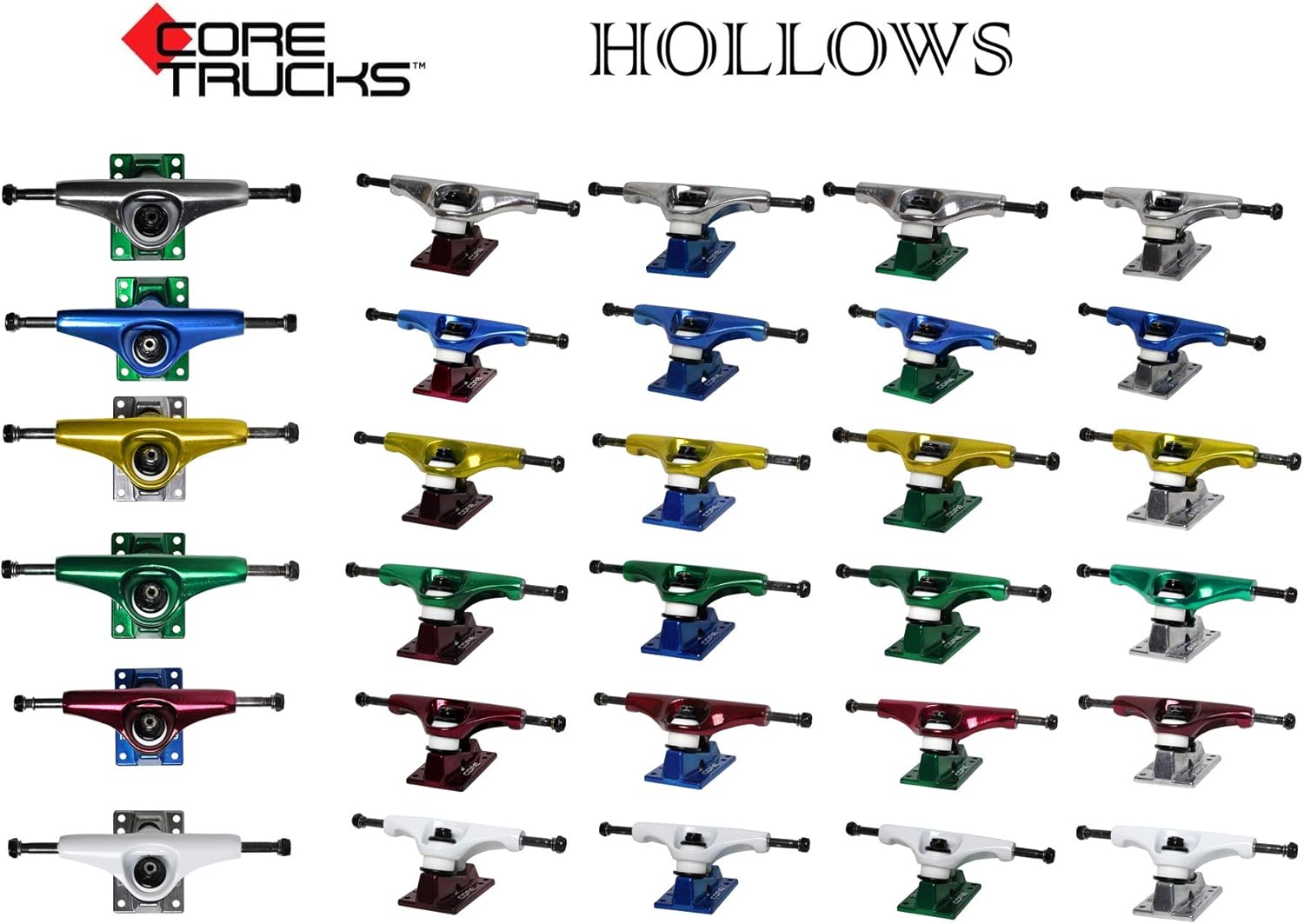 Core Skateboard Trucks - Hollow Kingpins, Premium Bushings - Choose Color/Size