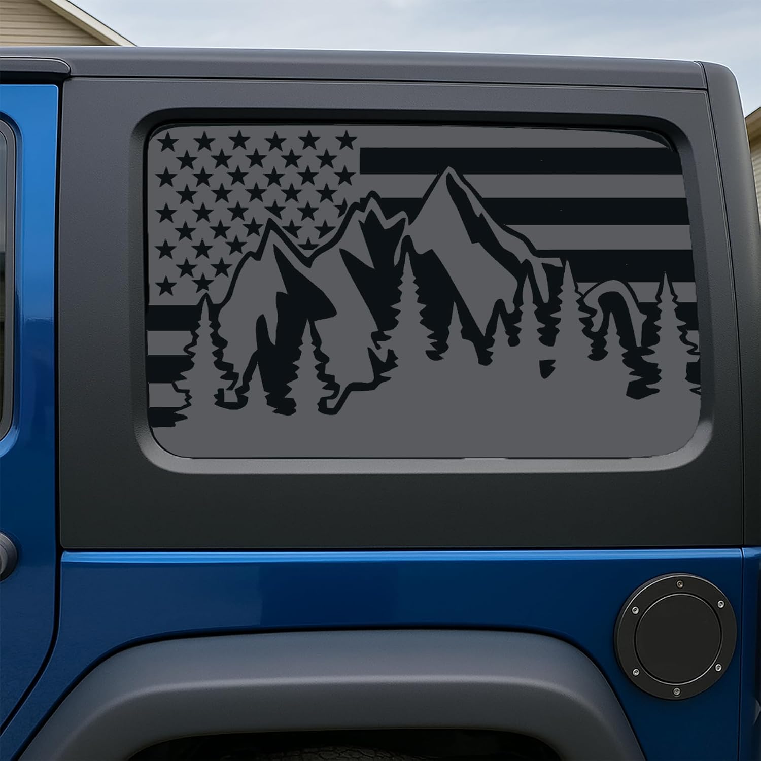 for Jeep Wrangler JL JLU 2018–2025 Rear Window American Flag Mountain Decal, Matte Black USA Flag Vinyl Sticker for 4-Door Version, Precut Back Side Window Patriotic Exterior Accessories