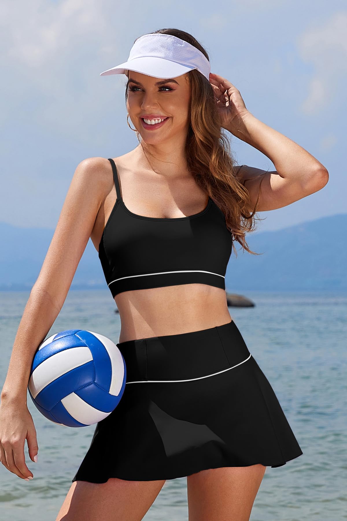 SHEKINI Conjunto de bikini con control de abdomen para mujer, cuello redondo, falda de natación de cintura alta