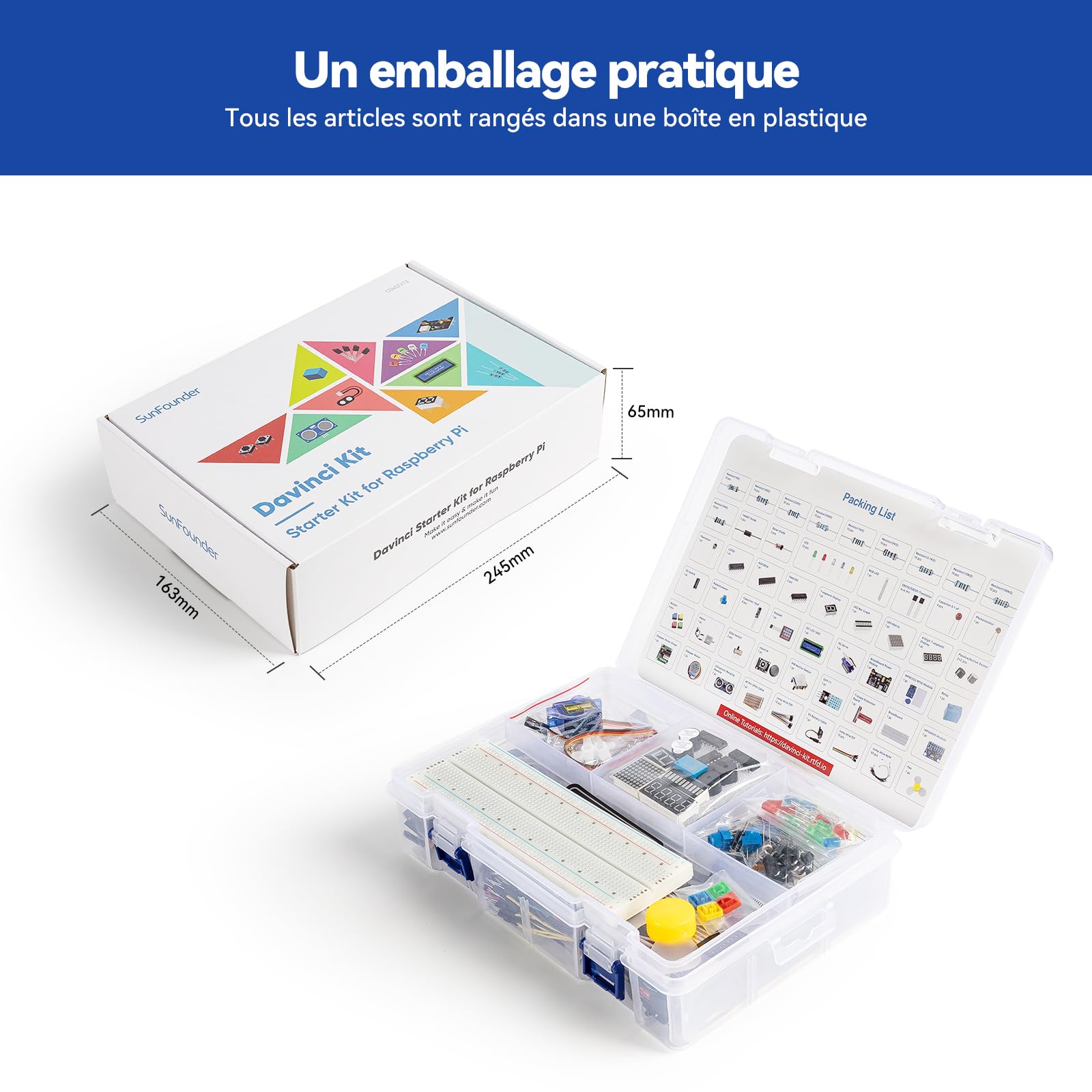 SunFounder Da Vinci Starter Kit pour Raspberry Pi 5 4B 3B B+ 400, Zero 2 W, Python C Java Scratch Node.js, Tutoriels en Ligne et Cours vidéo pour débutants et Experts (Raspberry PI Non Inclus)
