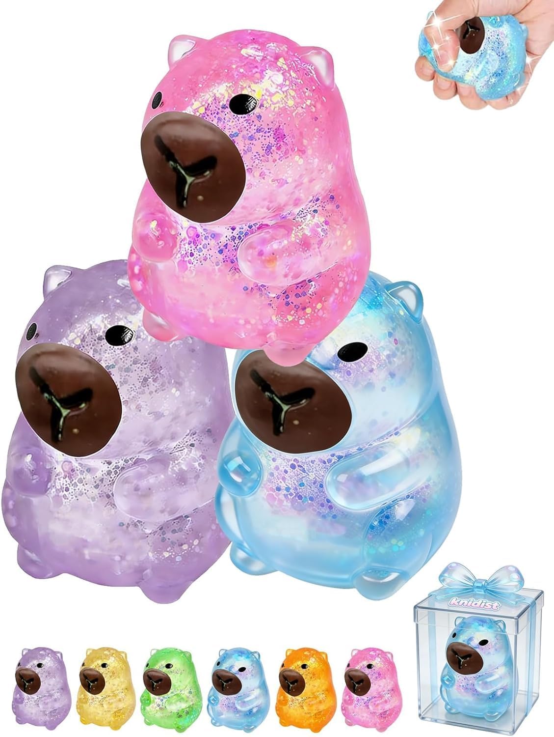 Capybara Squishy Glitter Animal Squeeze Balls Cute Capybara Stress Ball Anxiety Relief Slow Rise Adult Sensory Fidget Tool Gift Sparkling Desk Decor Collectibles Decompression Dough (3Pcs)
