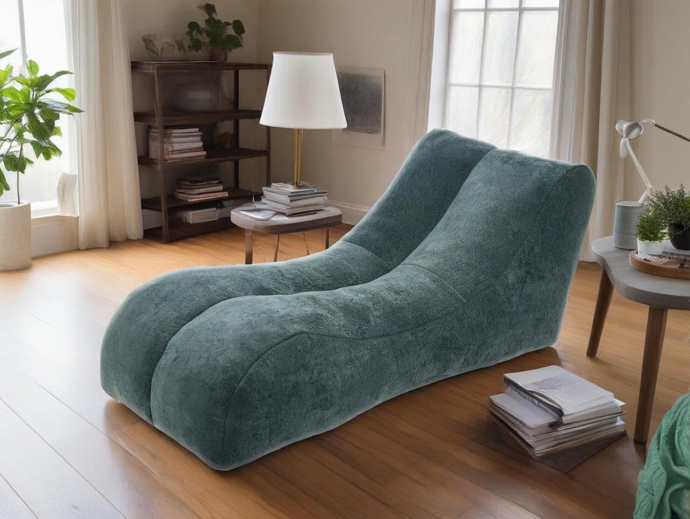 Modern Velvet Chaise Lounge Chair, Curved Bean Bag Design, Forest Green
