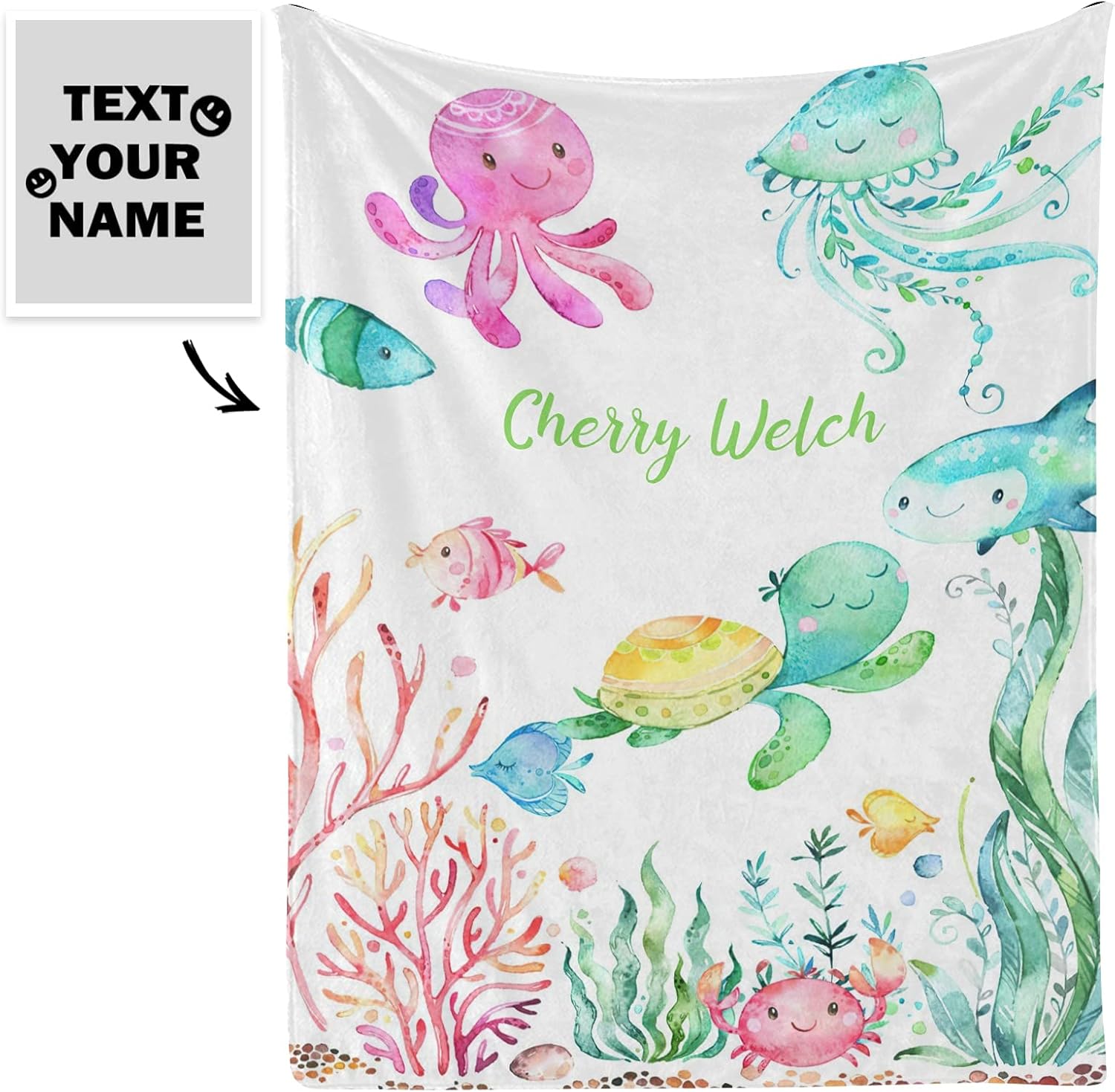 Personalized Baby Blanket Under The Sea Turtle Jellyfish Custom Nursery Swadding Blankets 30x40 Inches for Baby Boy Girl with Name Baby Shower Birthday Gift