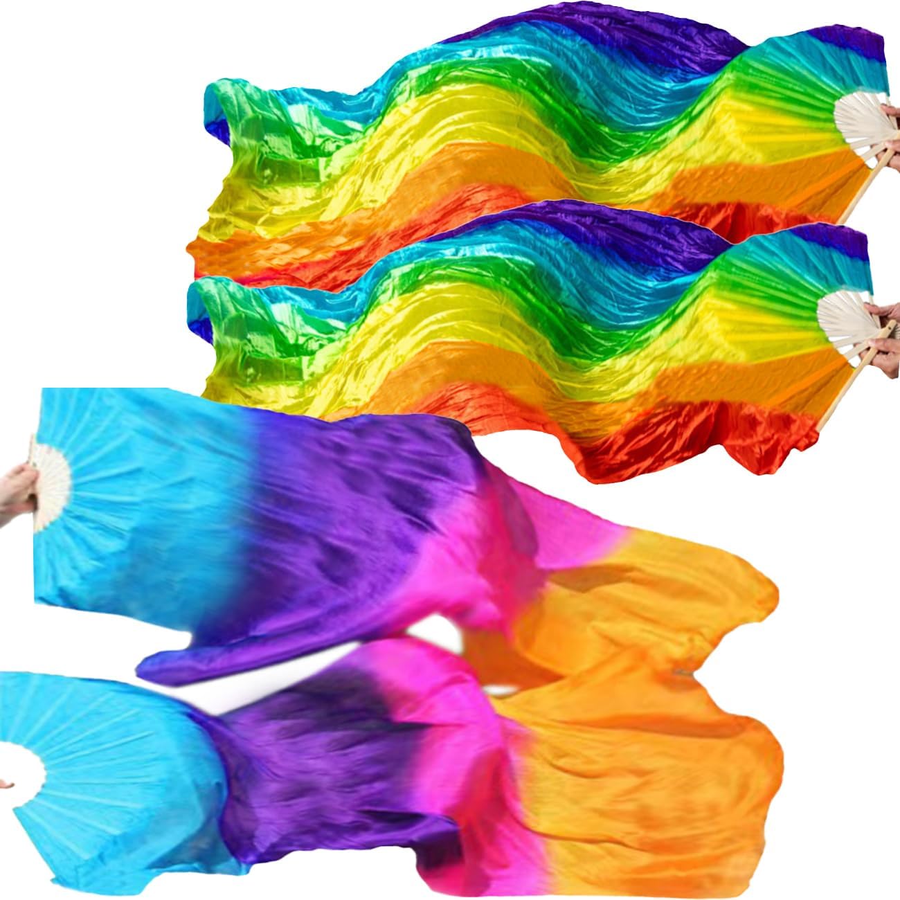 BRYCTSISEN Silk-like Belly Long Dance Fan Veil 2 Pair(Left+Right) Gradient Color Performance Fans for Theater, Stage Shows