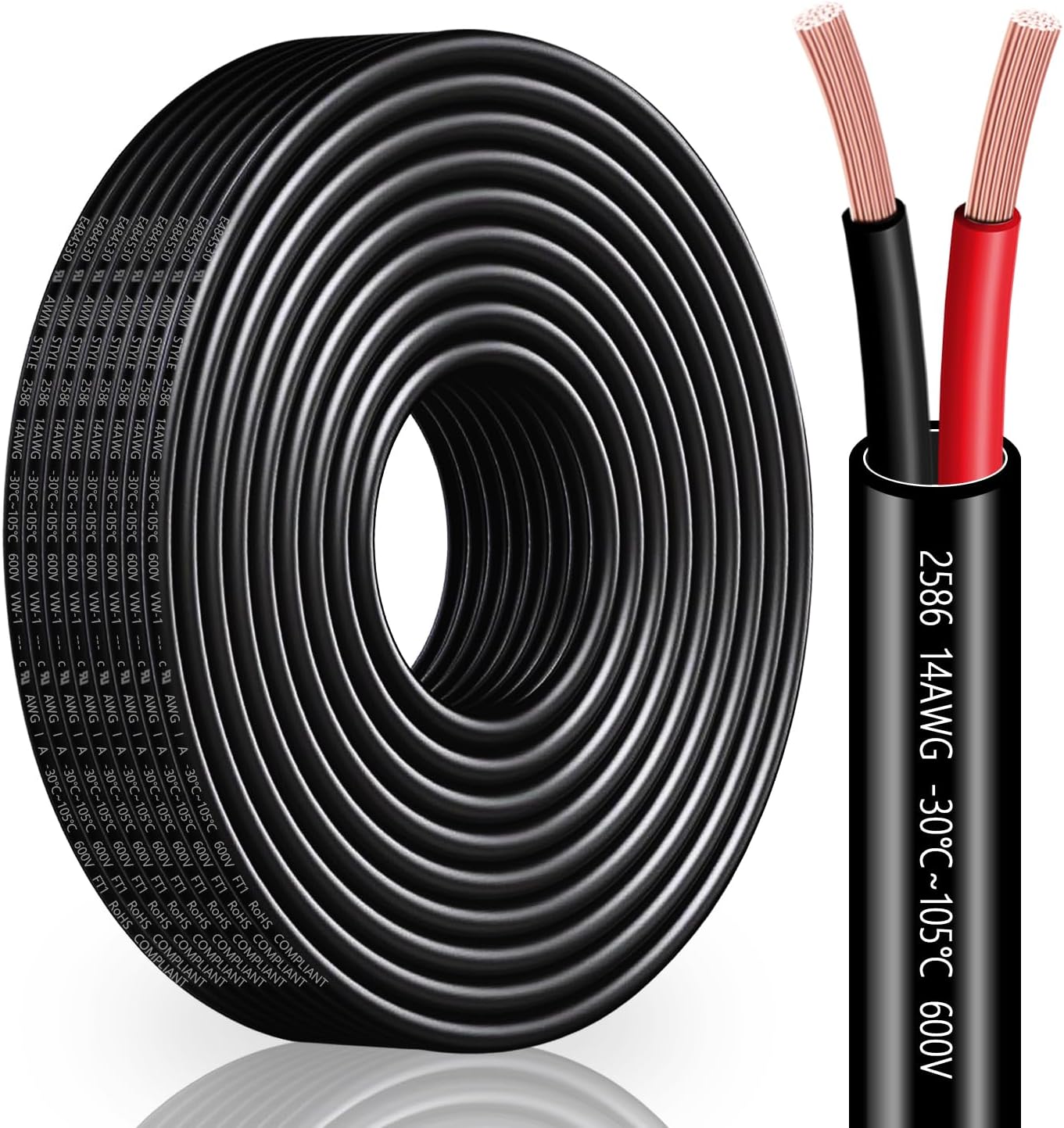14 Gauge Wire 2 Conductor 14 AWG Electrical Wire Stranded PVC Cord Oxygen-Free Copper Cable 26FT Pure Copper Flexible Cable Wire Cord for LED Lamp Lighting Strips Automotiveโฆ (14AWG-2C, 26FT)