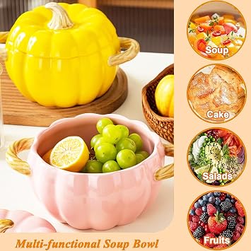 JUSTUP Dutch Pot with Lid, Pumpkin Shaped Ceramic Dessert Bowl, Cute Pumpkin Bowl, Pumpkin Shaped Clay Pot Safe for Microwave and Dishwasher, Ideal Kitchen Decoration and Gift for Halloween (Pink)