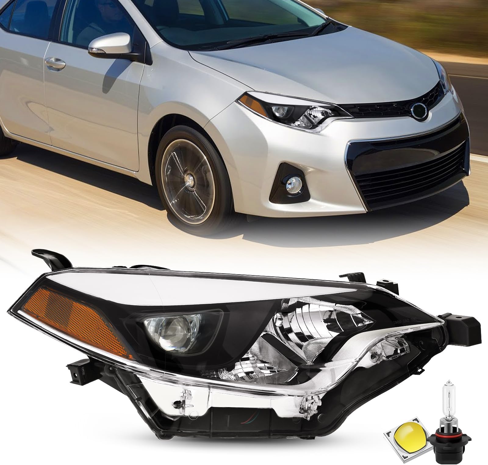 Headlight Compatible with 2014-2016 Toyota Corolla Base/CE/C/LE Eco/LE/L/S Plus/S/Sedan 4-Door LED Headlamps (Passenger Side(Right))