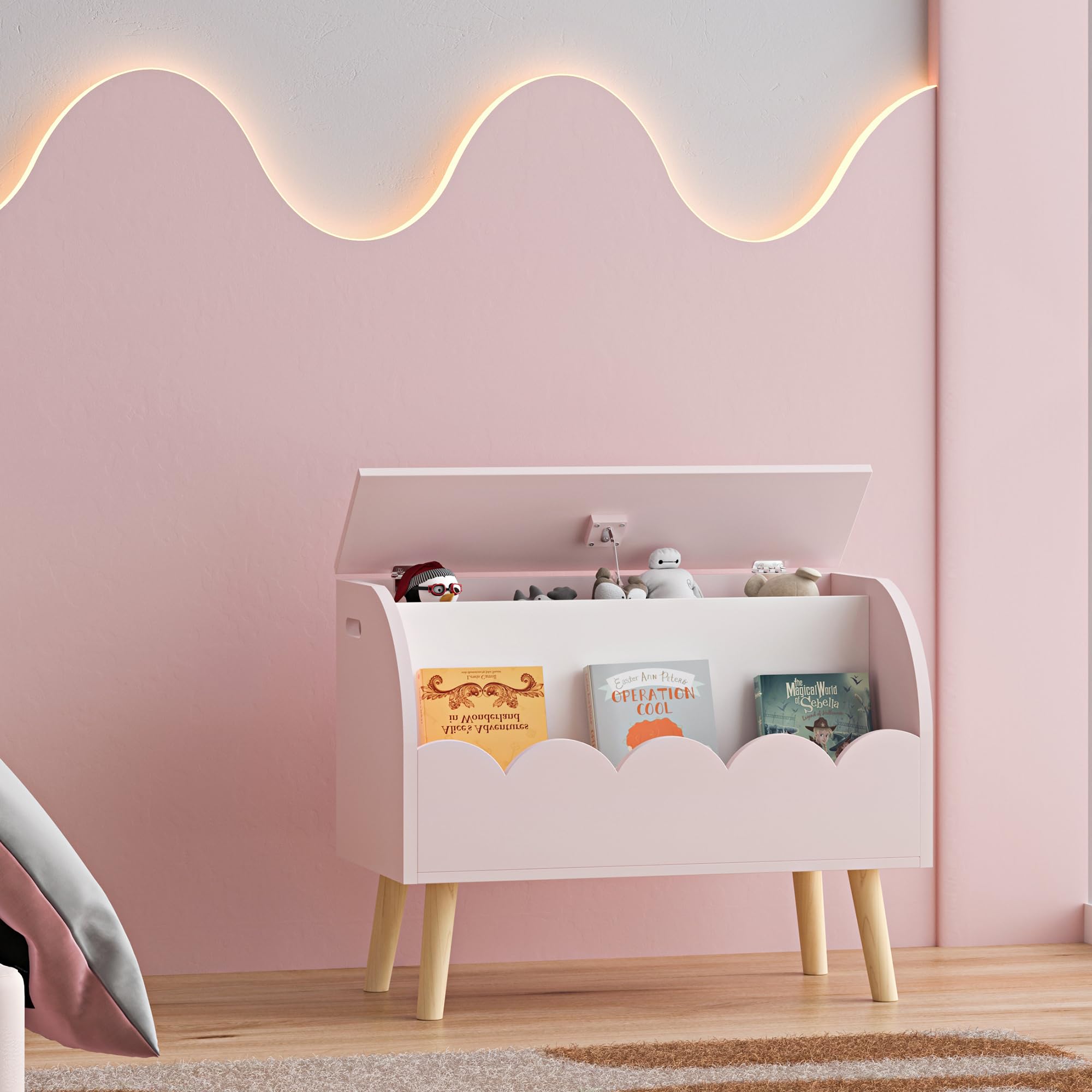 [en.casa] Spielzeugkiste mit Deckel Vestnes Kuscheltier Aufbewahrung Kinderzimmer Wellendesign Truhe Spielzeugbox 60 x 30 x 44 cm Cotton Candy/Weiß