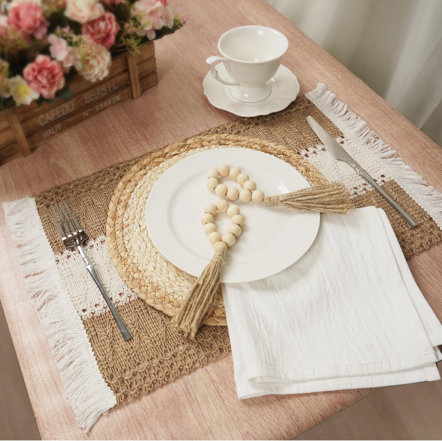 Phantomon Boho Placemats Set of 4 with Wooden Bead Napkin Rings - Natural Cotton, Burlap Rectangular Mats and Handmade Straw Woven Round Placemats for Farmhouse Dining Table or Kitchen Decor