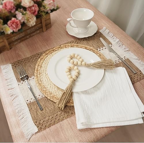 Miniatura 5 de Phantomon Juego de 4 manteles individuales bohemios con servilleteros de cuentas de madera, algodón natural, tapetes rectangulares de arpillera y