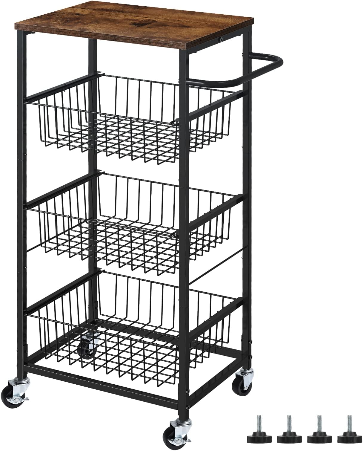 Kitchen Storage Cart on Lockable Wheels, 4-Tier Storage Organizer Trolley with Wooden Tabletop, Utility Cart with Handle&Mesh Baskets for Narrow Space on Dining Room Bathroom Laundry Room Office