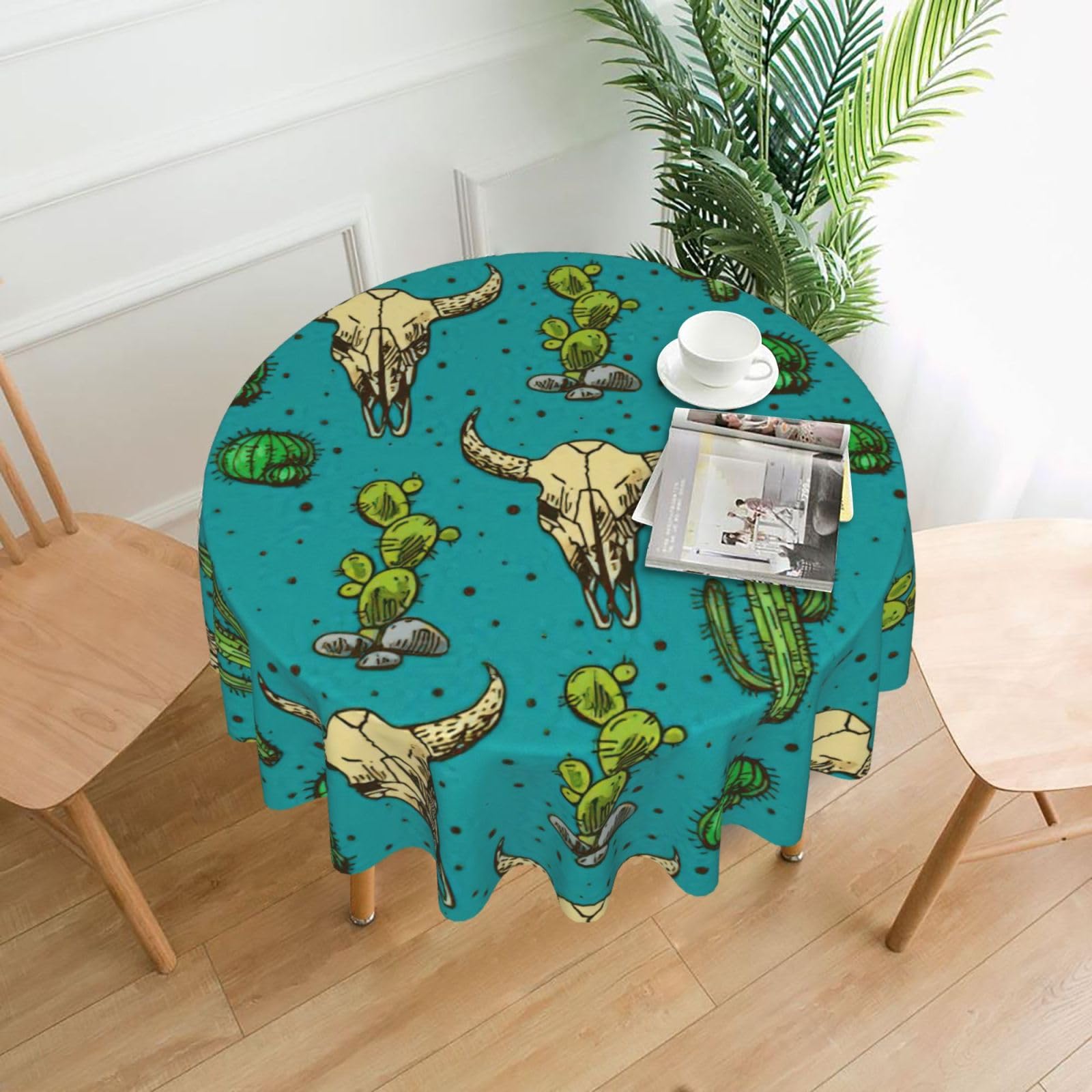 Uusnwaa Cute Cactus And Skull Of Bull Print Round Tablecloth 60 Inch, Stain Wrinkle Resistant Washable Polyester Table Cover For Kitchen Party
