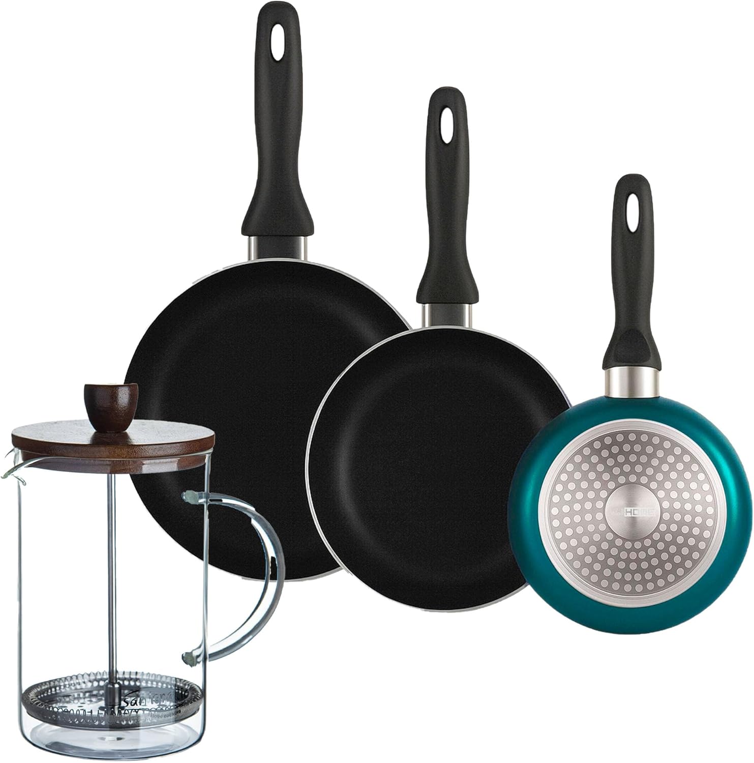 Well Home Set of 3 Pans Diameter 16 x 20 x 24 cm Made of Pressed Aluminium in Metallic Blue + Borosilicate Glass Coffee Maker 15.8 x 10 x 18.8 cm