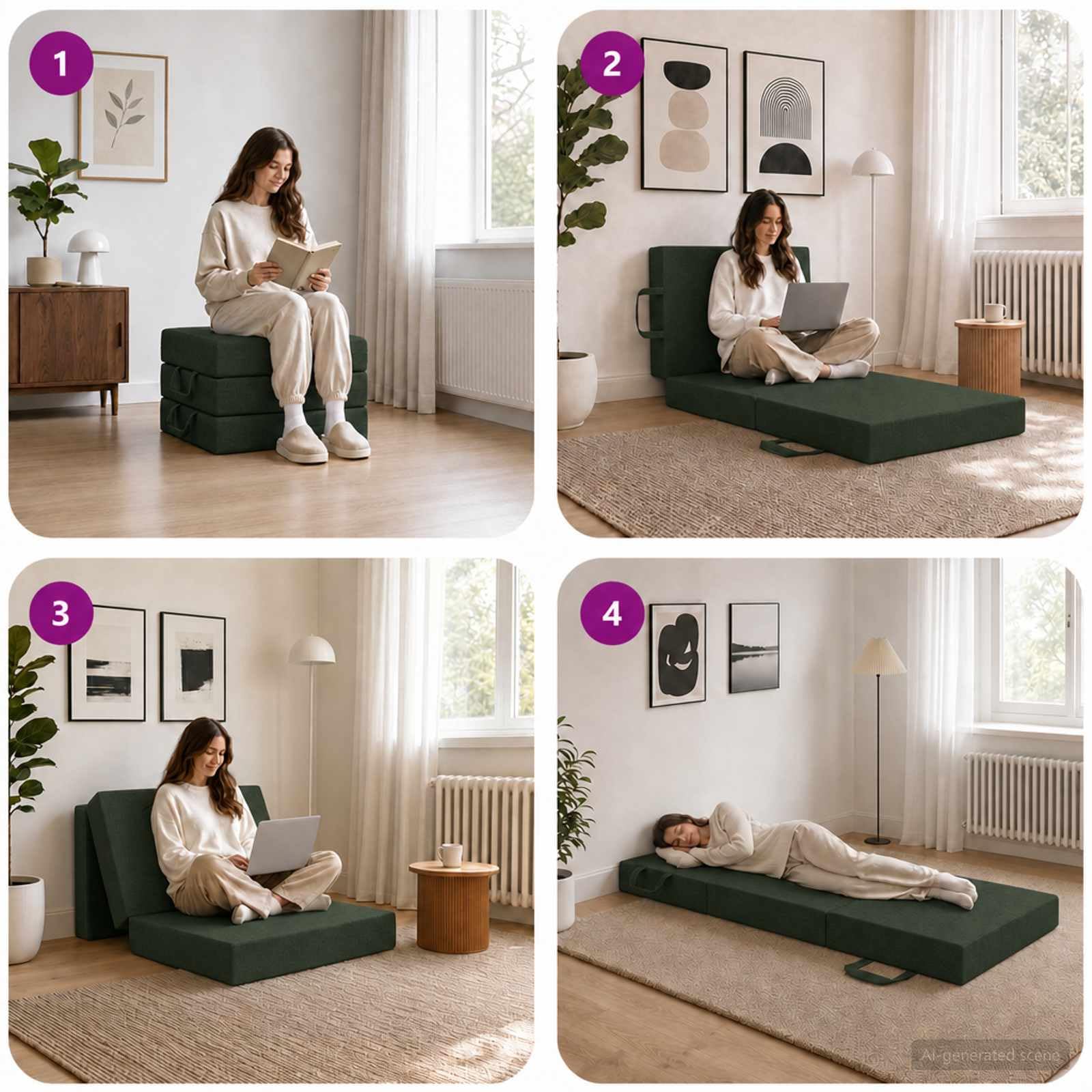 Genérico Sofá Cama Plegable Verde Oscuro 75 x 67 x 45 cm | Funda con cremallera extraíble, lavable a máquina, espuma ligera, mecanismo ajustable, ahorro de espacio