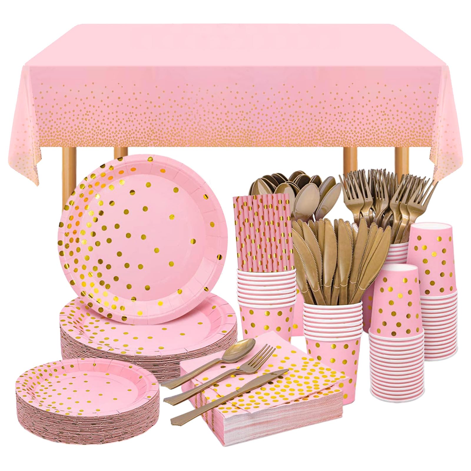 URbazaar 201 Pcs Birthday Party Supplies Golden Dots Party Dinnerware Disposable Party Plates,Napkins,Knife,Fork,Spoon,Tablecloth,Straws and Cups Sets Serves 25 Guests for Weddings, Birthday