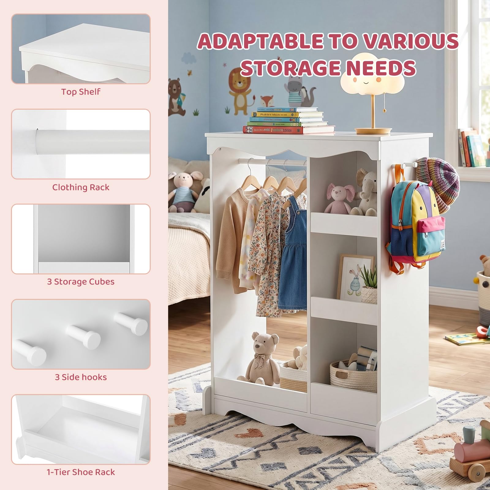 VOWNER Armario Infantil con Espejo, Perchero Infantil, Guardarropa Infantil, Mueble Montessori (Blanco)