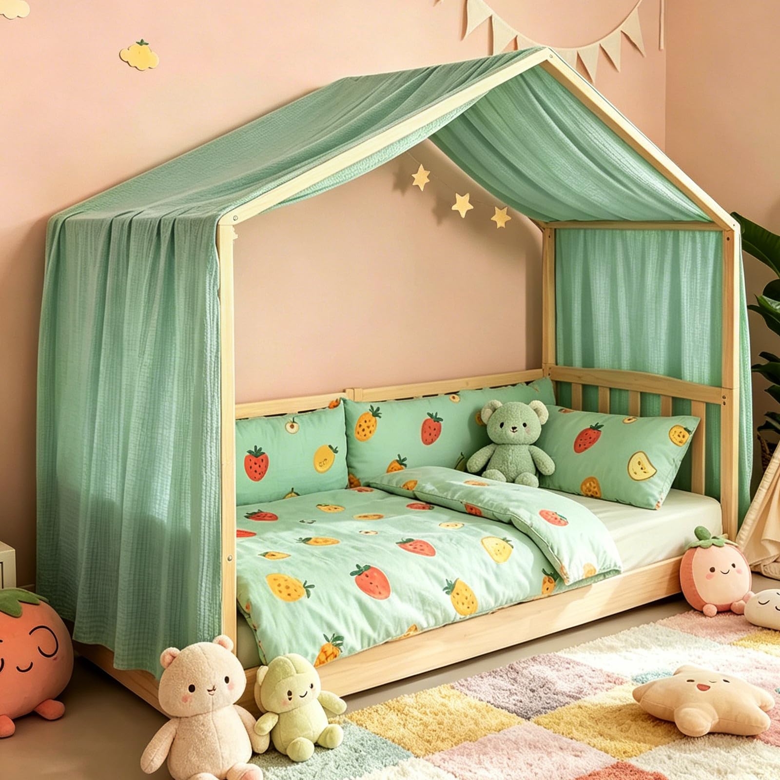 Baldachin aus 100% Baumwolle für Kinderzimmer Betthimmel für Hausbett & Kinderbett Himmelbett Vorhänge als Deko für Mädchen & Jungen platzsparend für kleine Räume (Grün, H360 x B135 cm(1er Pack))