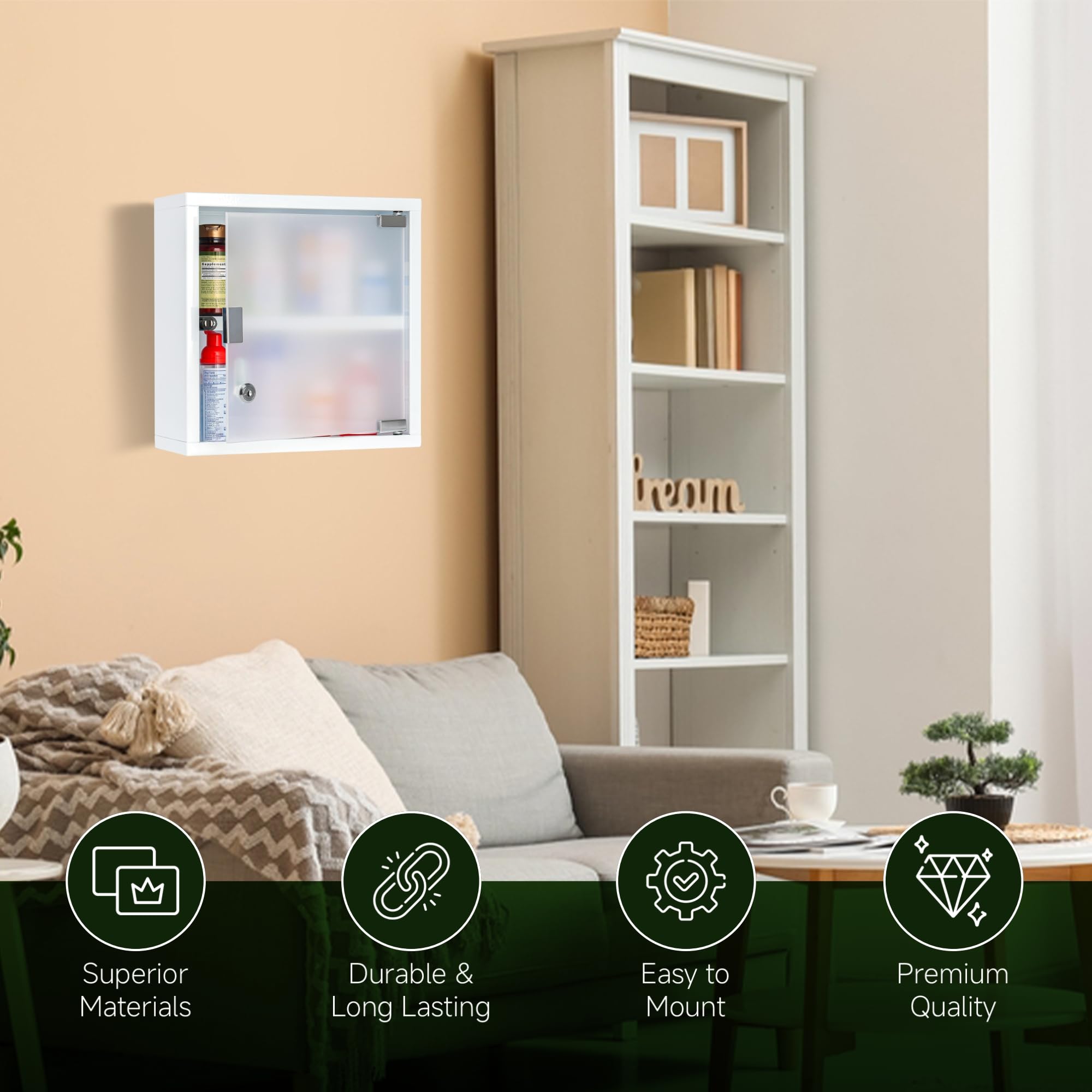 Armadietto da parete in metallo con anta in vetro smerigliato, montaggio a parete, armadietto medico a 2 ripiani in bianco, serratura a prova di bambino, chiusura magnetica, accessori di montaggio
