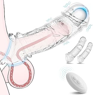 Penis Sleeve Vibrating Cock Sleeve - 2 Sizes Penis Extender Reusable Realistic Adult Sex Toys Remote Control Couples Vibrator with 10 Modes Elastic Penis Ring Girth Enhancer for Men
